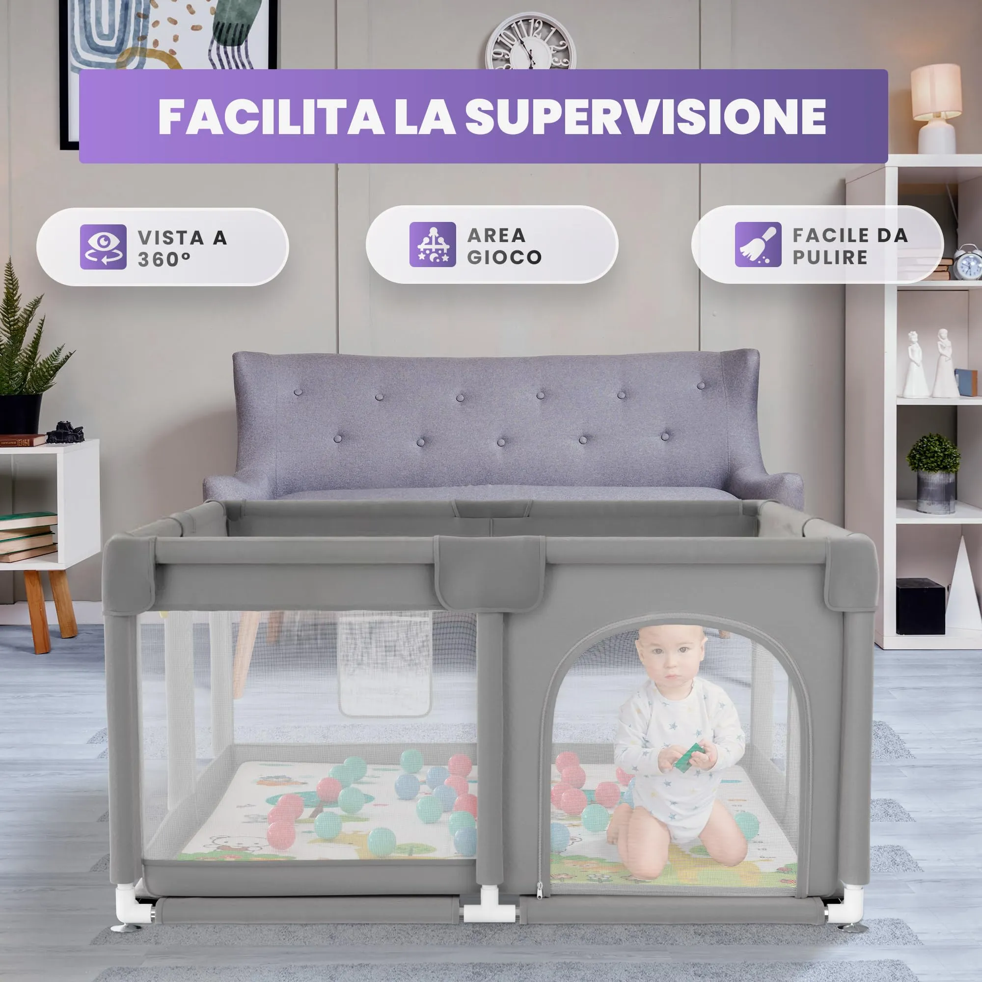 JUPPLIES Box Bambini 120x120 cm Recinto Gioco per Neonato 6-24 Mesi Grigio con tappeto, palline e borsa per il trasporto - immagine 6
