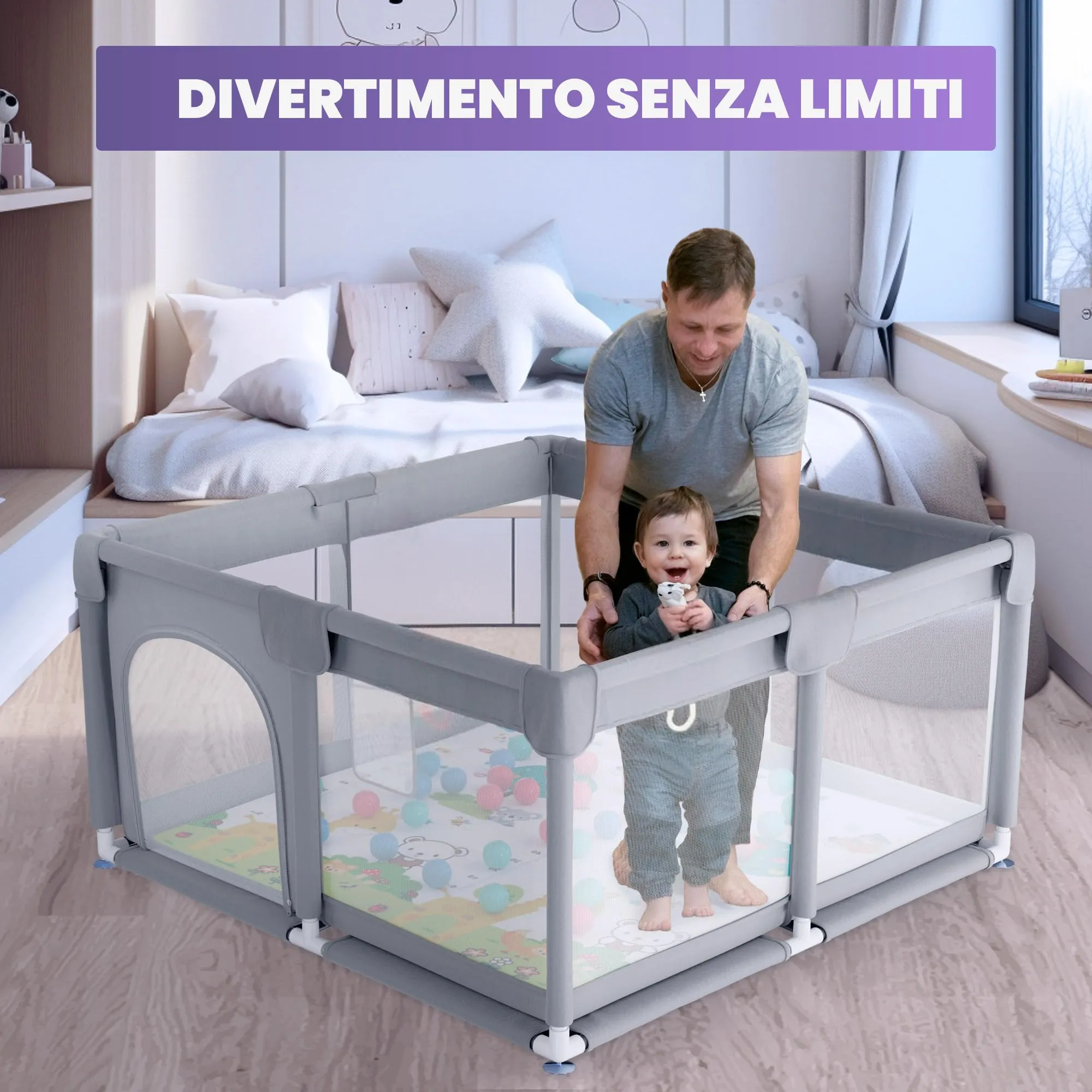 JUPPLIES Box Bambini 120x120 cm Recinto Gioco per Neonato 6-24 Mesi Grigio con tappeto, palline e borsa per il trasporto - immagine 7