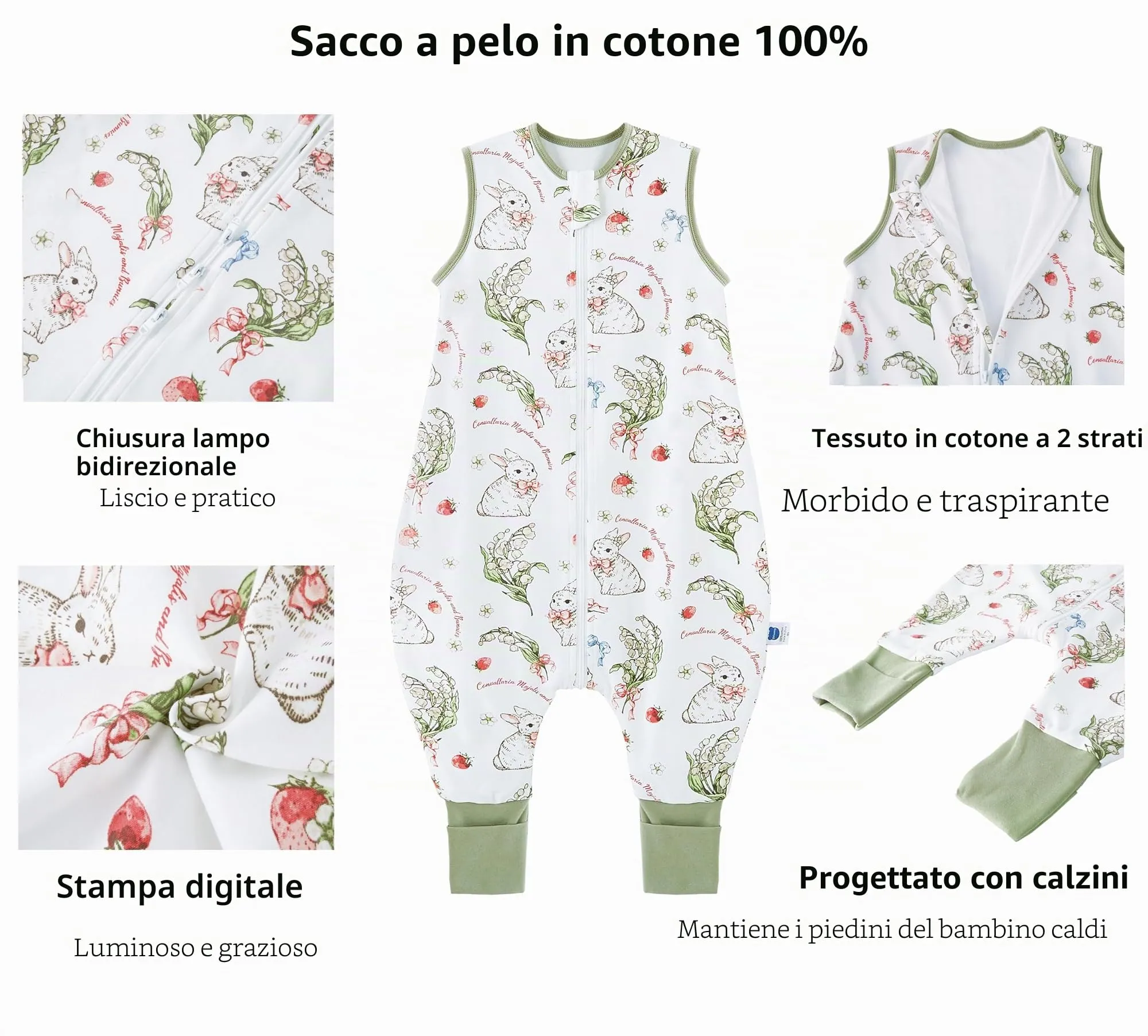 Chilsuessy Sacco Nanna con Gambe, 1.5 Tog, 100% Cotone, Fragola Coniglio, 80 cm - immagine 2