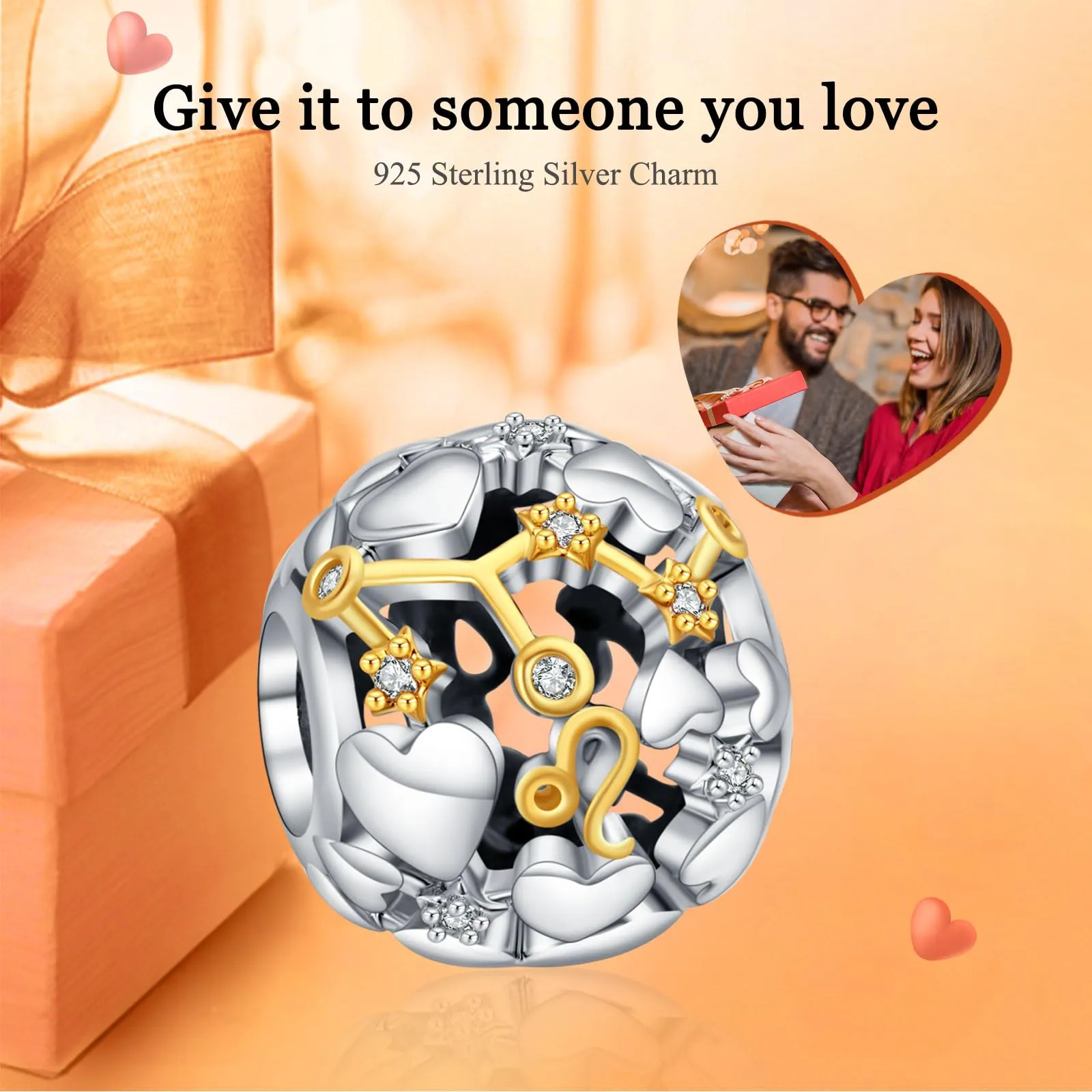Rimgoris Charm in Argento Sterling 925 Segno Zodiacale Leone Bicolore per Bracciali e Collane - immagine 2