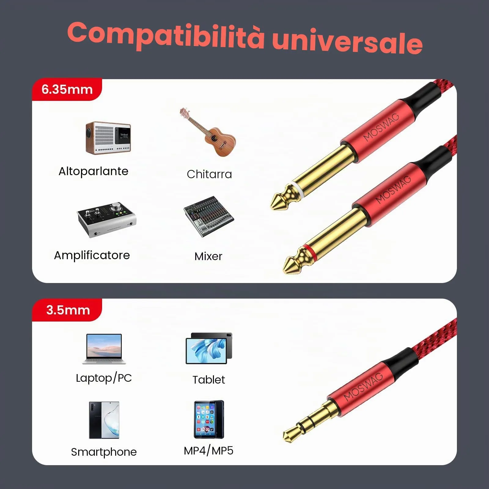 MOSWAG Cavo Jack 3.5 to Jack 6.3 Cavo Audio Jack 3,5mm a Doppio 6,35mm - immagine 2
