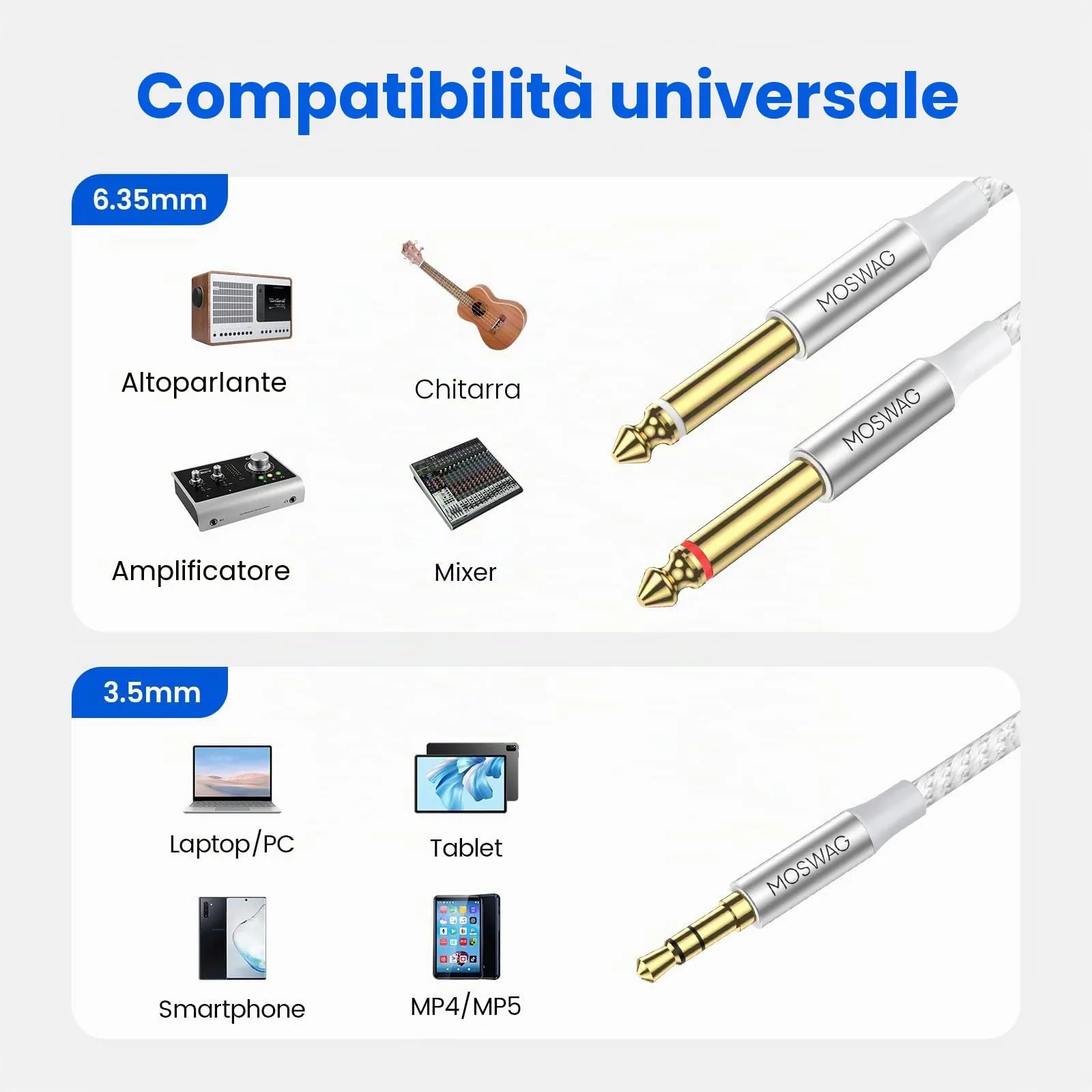 MOSWAG Cavo Audio Jack 3.5mm a Doppio 6.35mm 1M - immagine 2