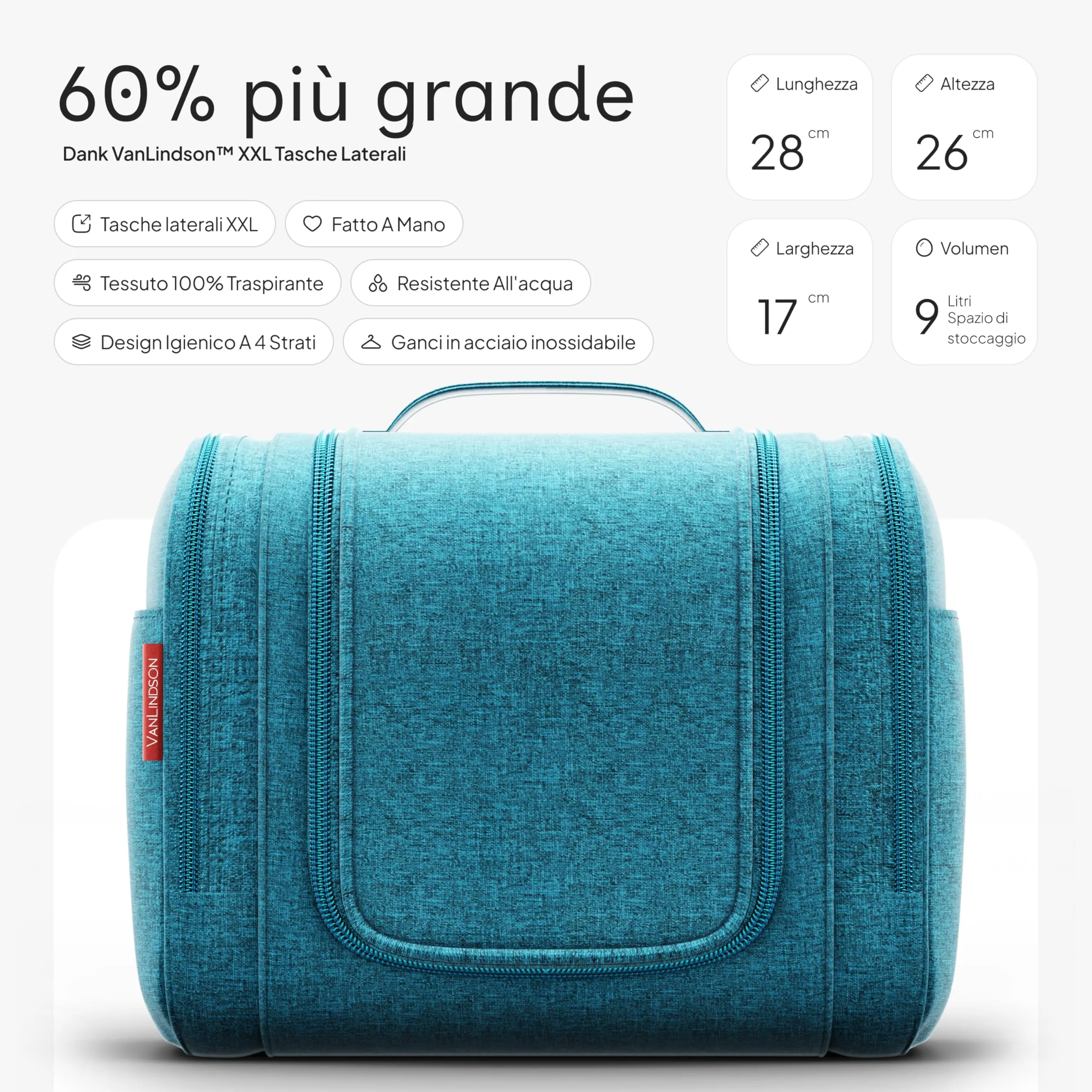 VanLindson Beauty Case XXL da Appendere, Donna e Uomo, 9L, Turchese - immagine 2