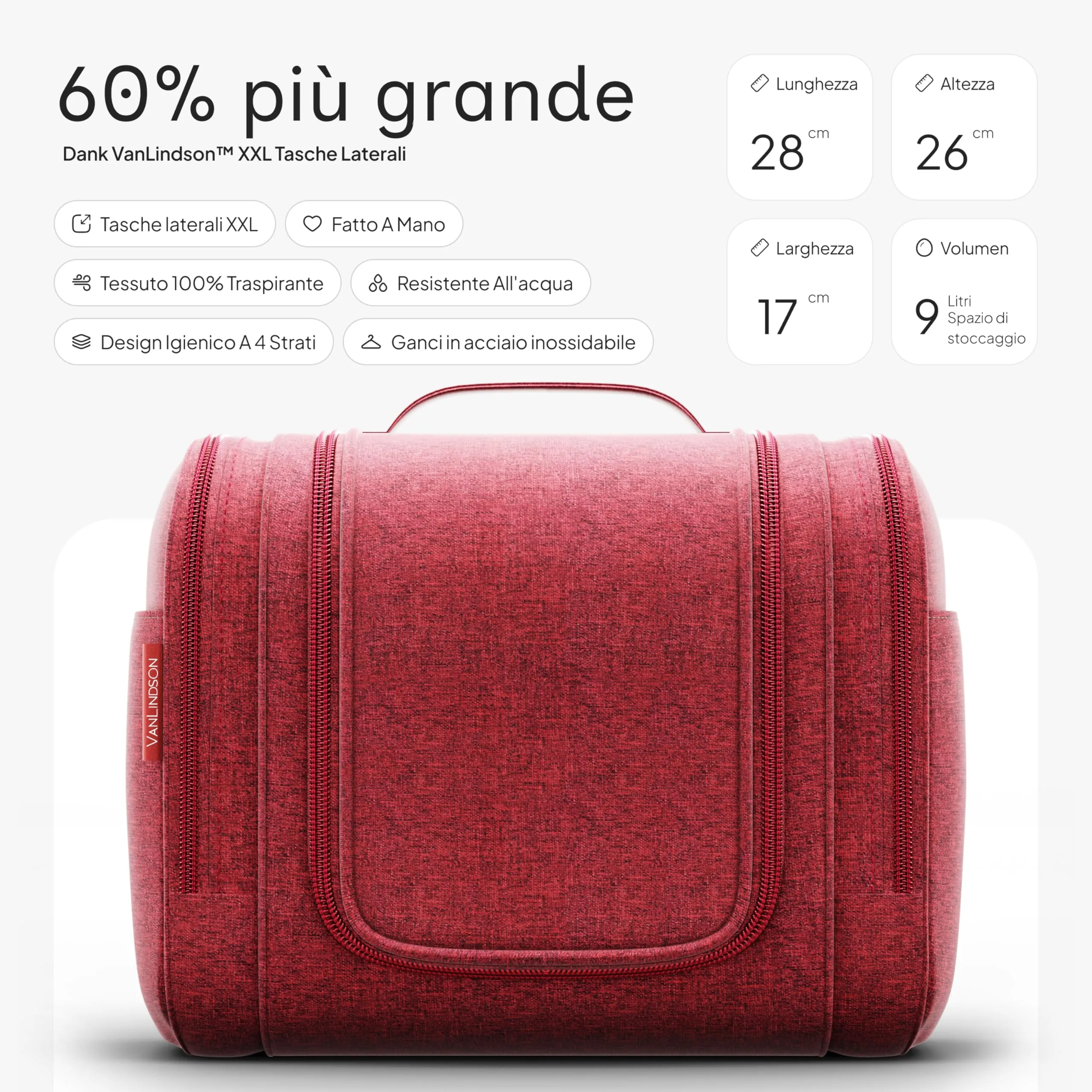 VanLindson Beauty Case XXL da Appendere, Donna e Uomo, 9L, Rosso - immagine 2