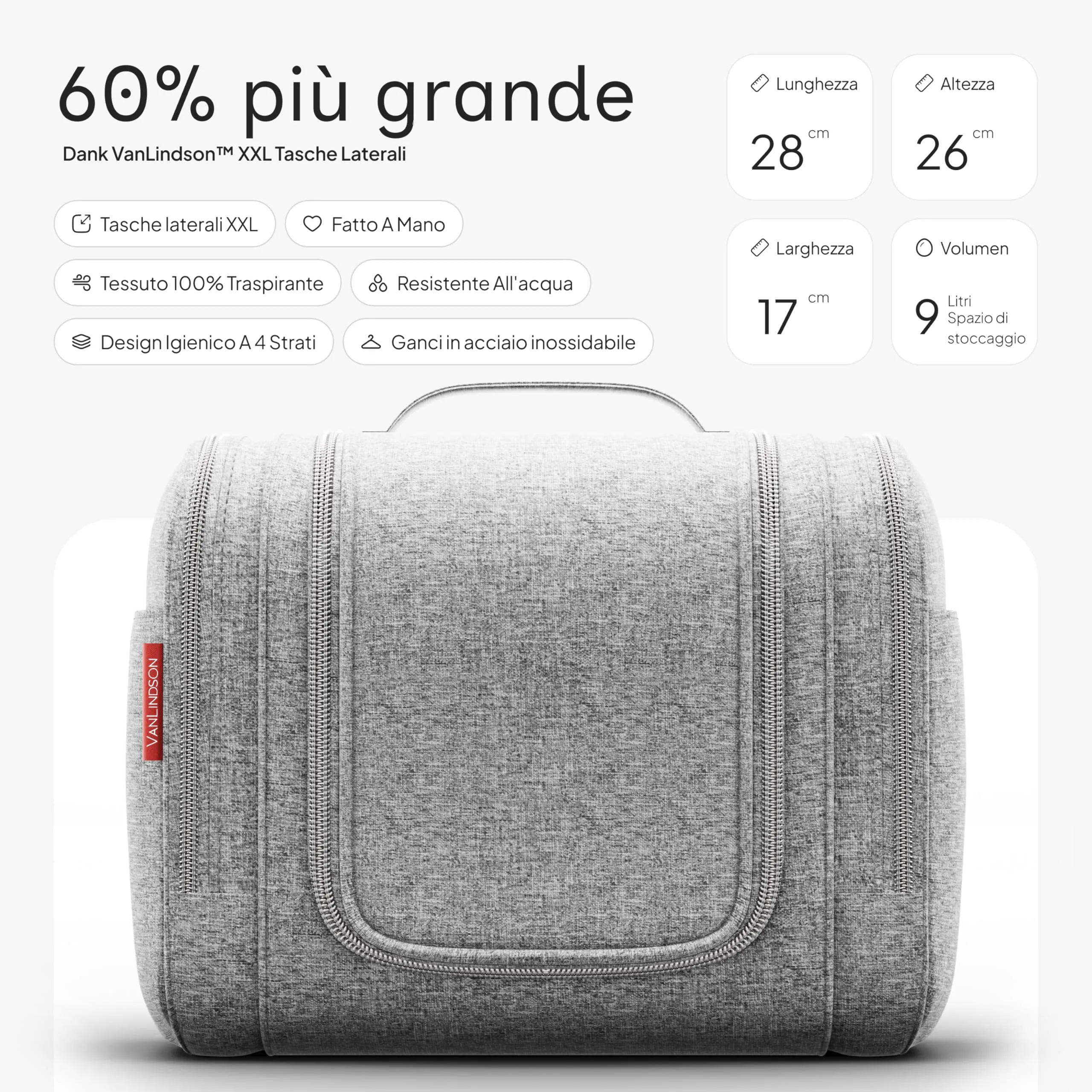 VanLindson Beauty Case XXL da Appendere, Donna e Uomo, 9L, Grigio - immagine 2