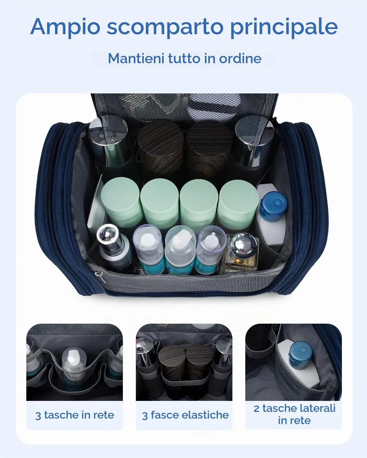 WANDF Borsa da Toilette Appendere per Viaggio, Resistente all'Acqua, Blu Denim - immagine 2