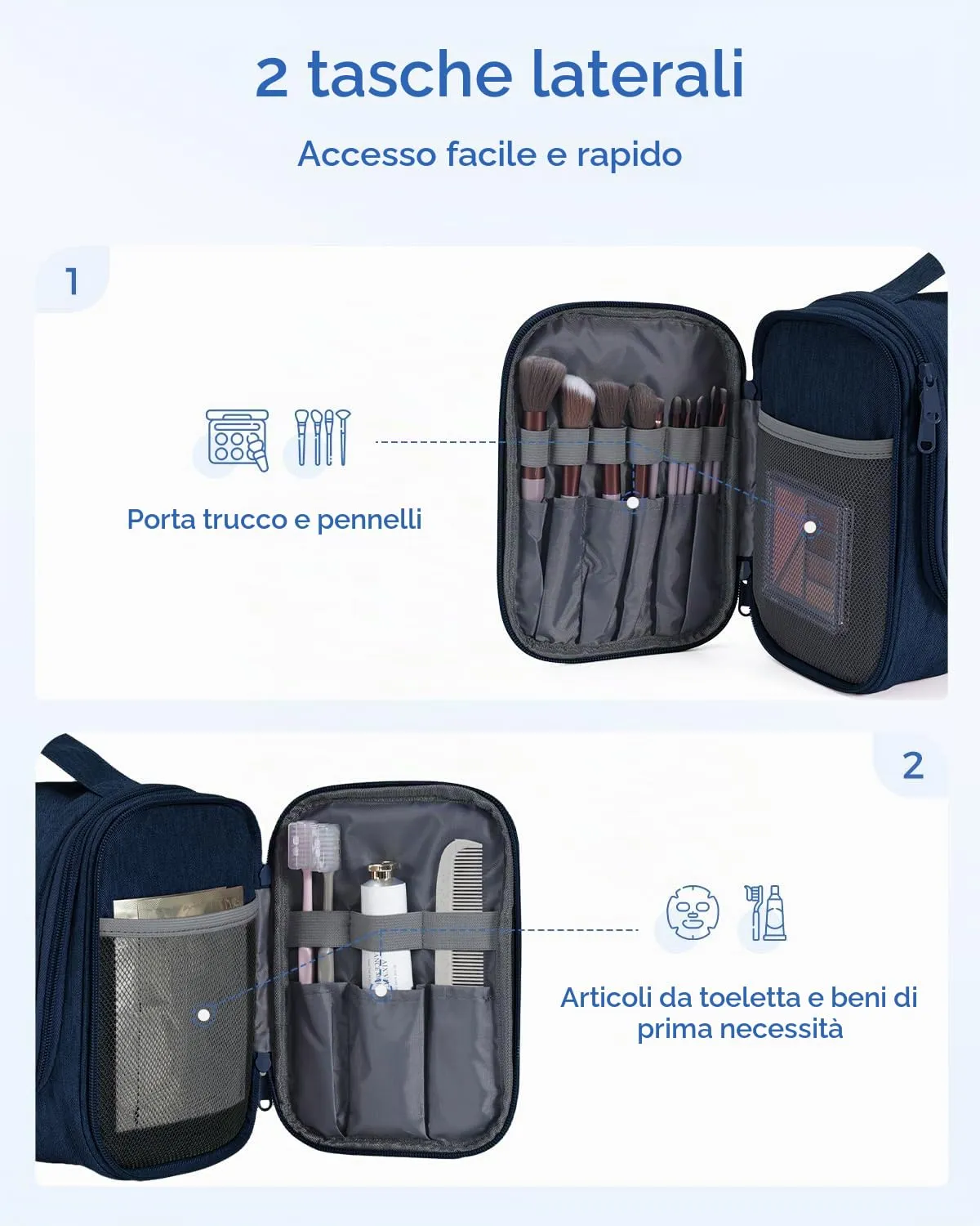 WANDF Borsa da Toilette Appendere per Viaggio, Resistente all'Acqua, Blu Denim - immagine 3