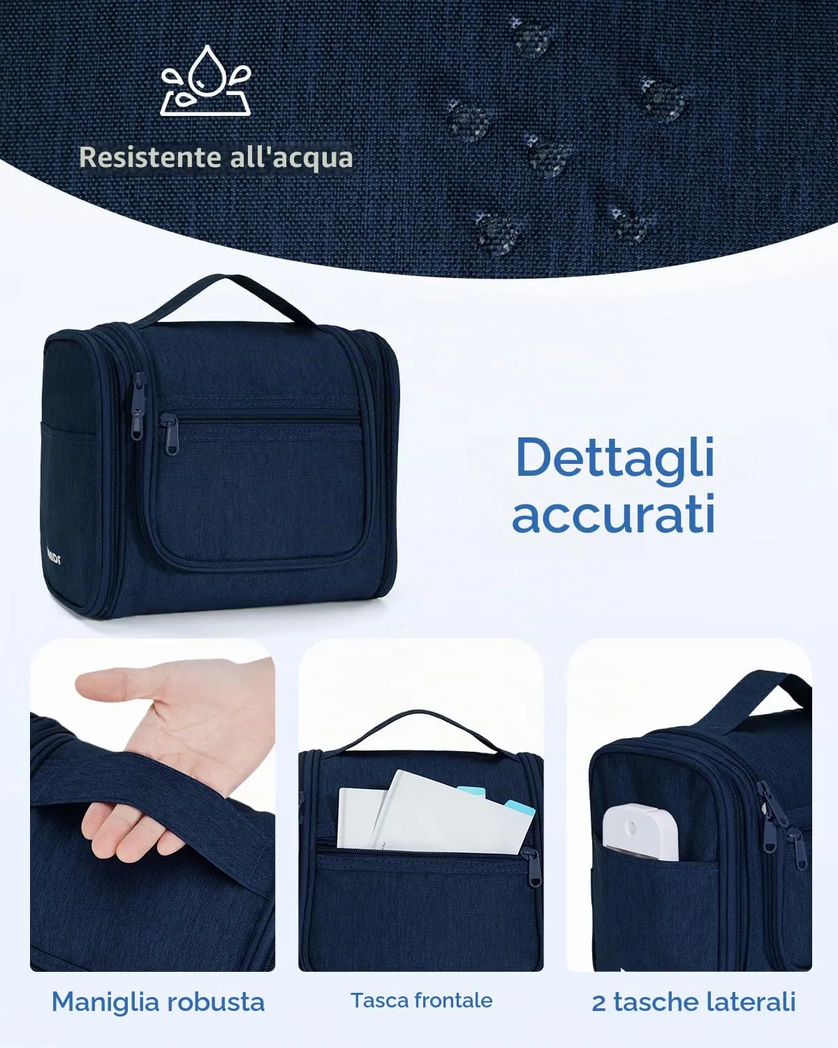 WANDF Borsa da Toilette Appendere per Viaggio, Resistente all'Acqua, Blu Denim - immagine 6