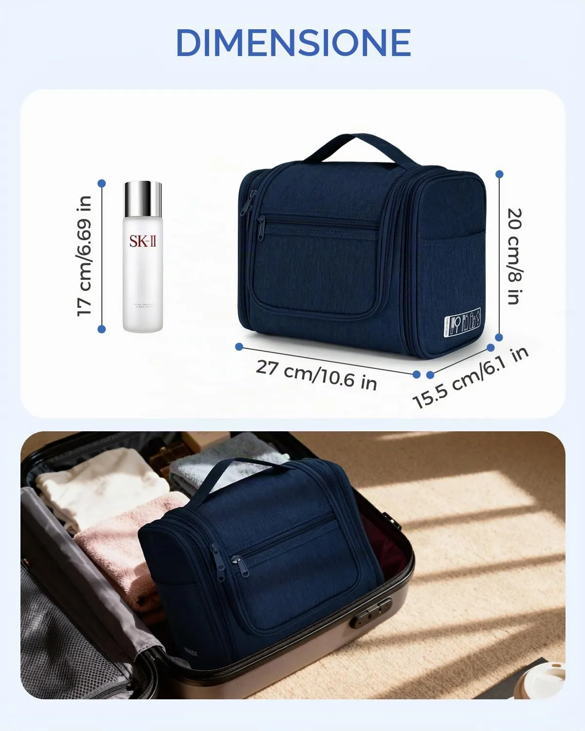 WANDF Borsa da Toilette Appendere per Viaggio, Resistente all'Acqua, Blu Denim - immagine 7