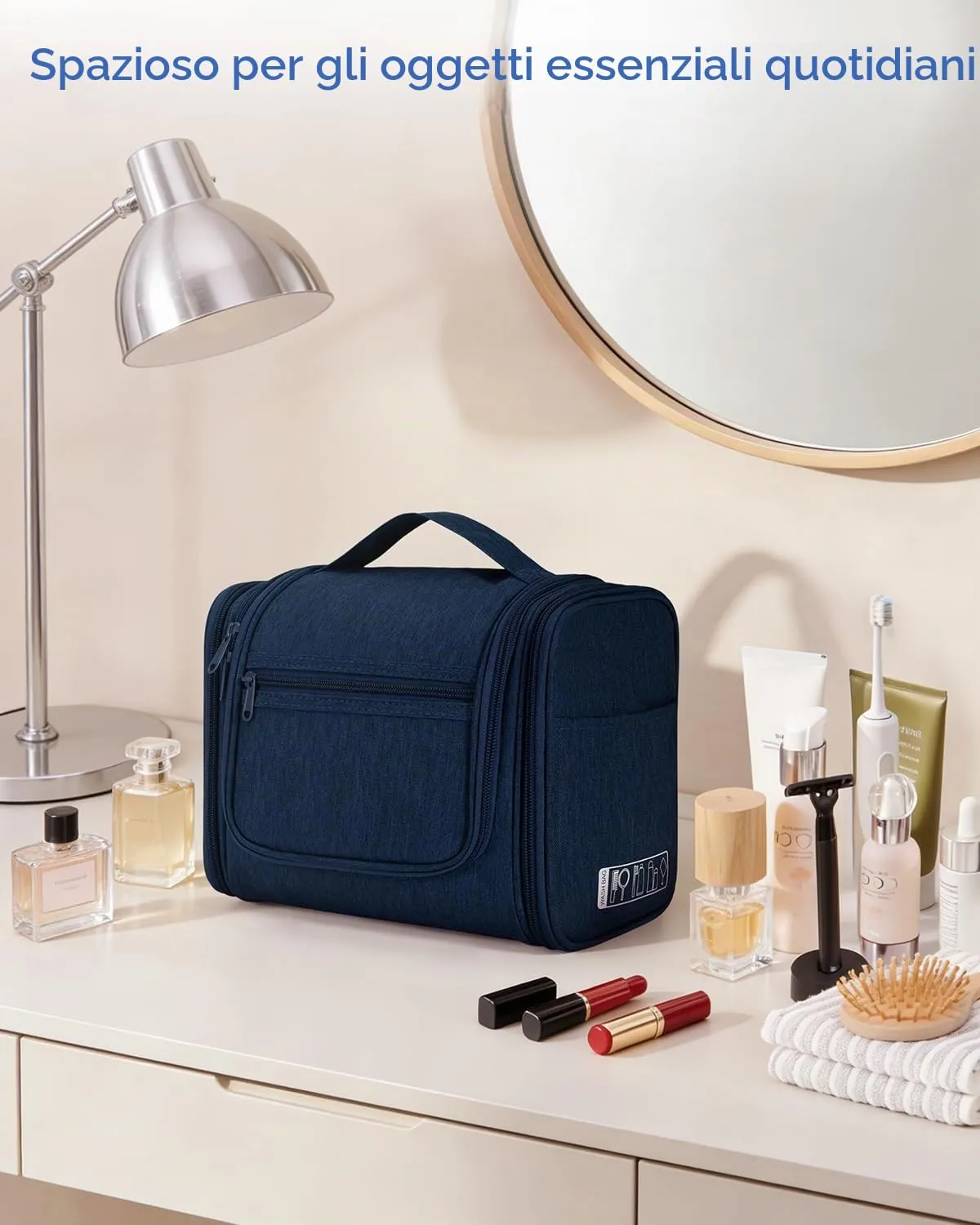 WANDF Borsa da Toilette Appendere per Viaggio, Resistente all'Acqua, Blu Denim - immagine 8