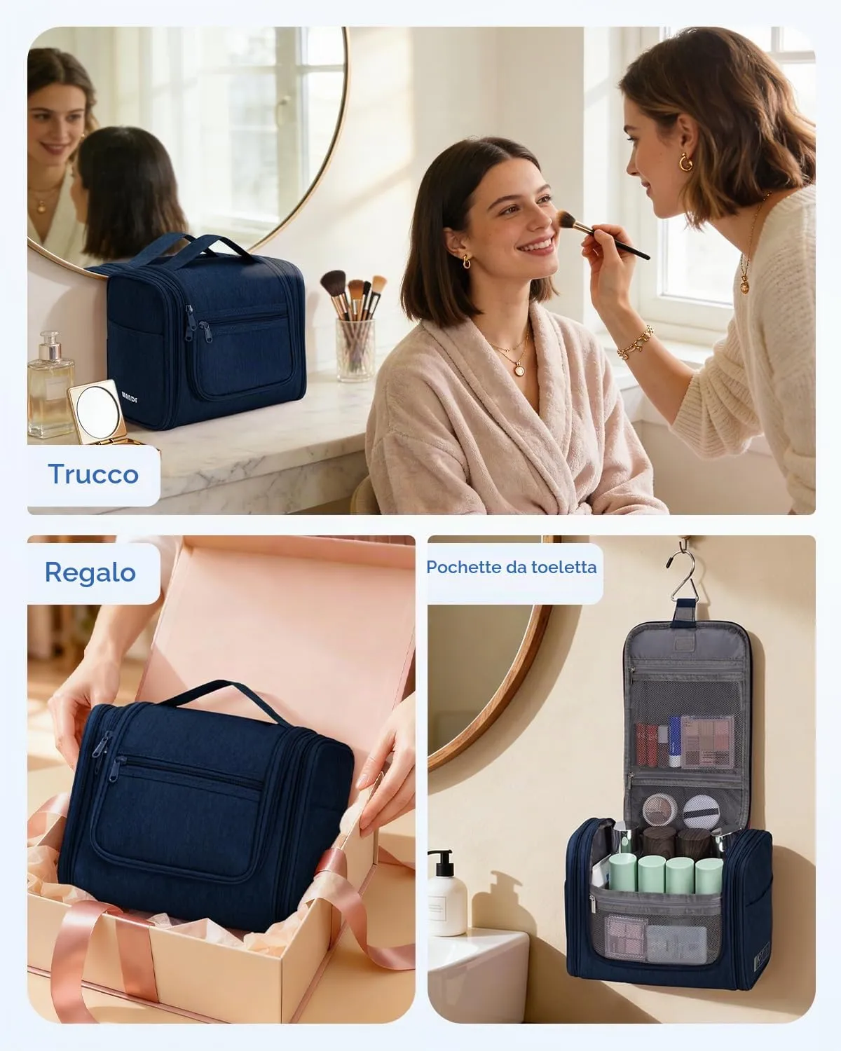WANDF Borsa da Toilette Appendere per Viaggio, Resistente all'Acqua, Blu Denim - immagine 9