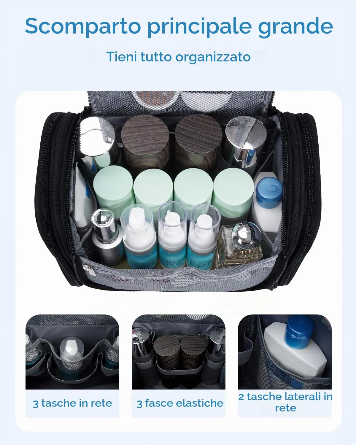 WANDF Borsa da Toilette da Viaggio Appendere Resistente all'Acqua, Denim Nero - immagine 2