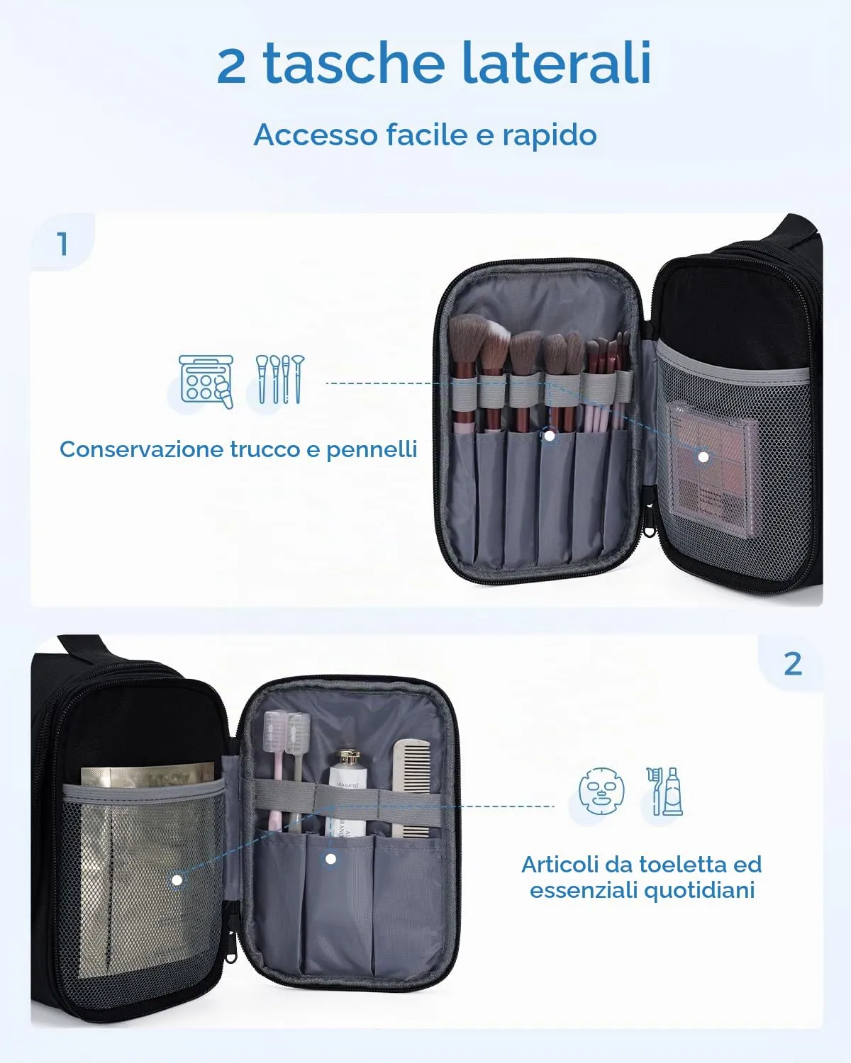 WANDF Borsa da Toilette da Viaggio Appendere Resistente all'Acqua, Denim Nero - immagine 3