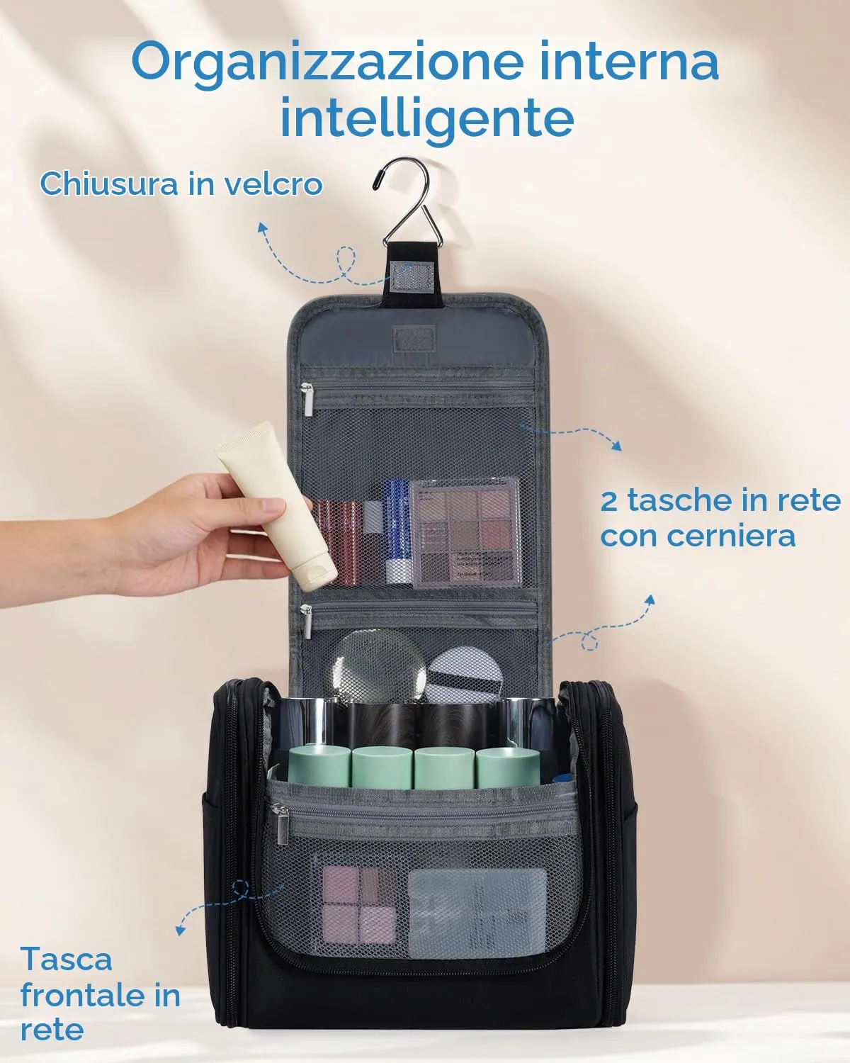 WANDF Borsa da Toilette da Viaggio Appendere Resistente all'Acqua, Denim Nero - immagine 4