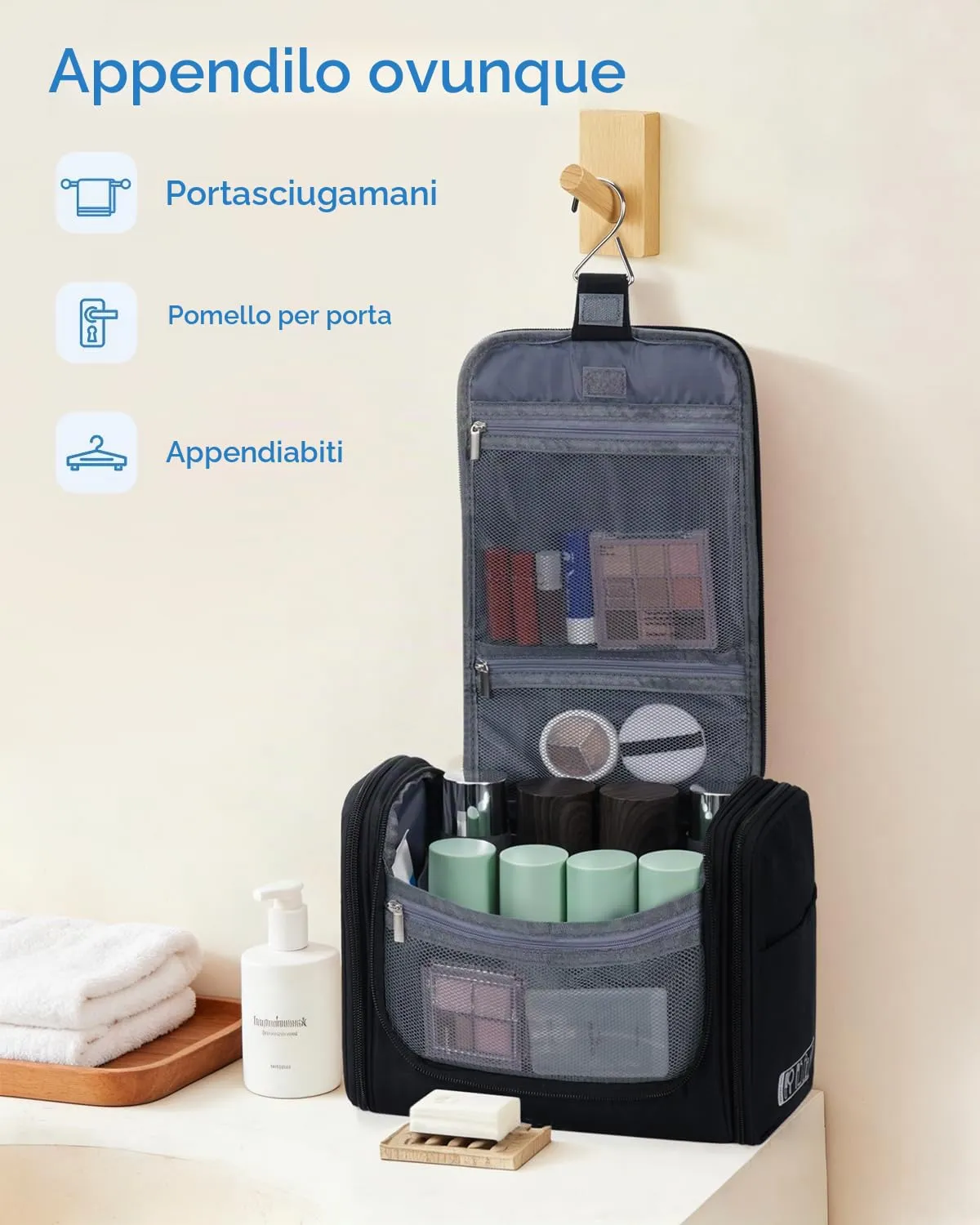 WANDF Borsa da Toilette da Viaggio Appendere Resistente all'Acqua, Denim Nero - immagine 5
