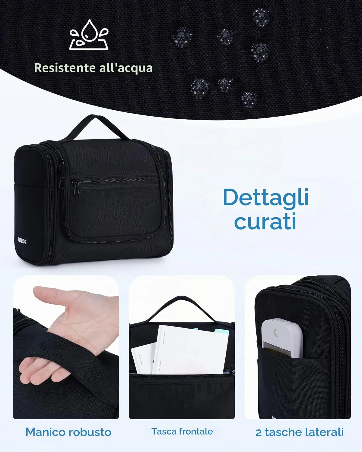 WANDF Borsa da Toilette da Viaggio Appendere Resistente all'Acqua, Denim Nero - immagine 6