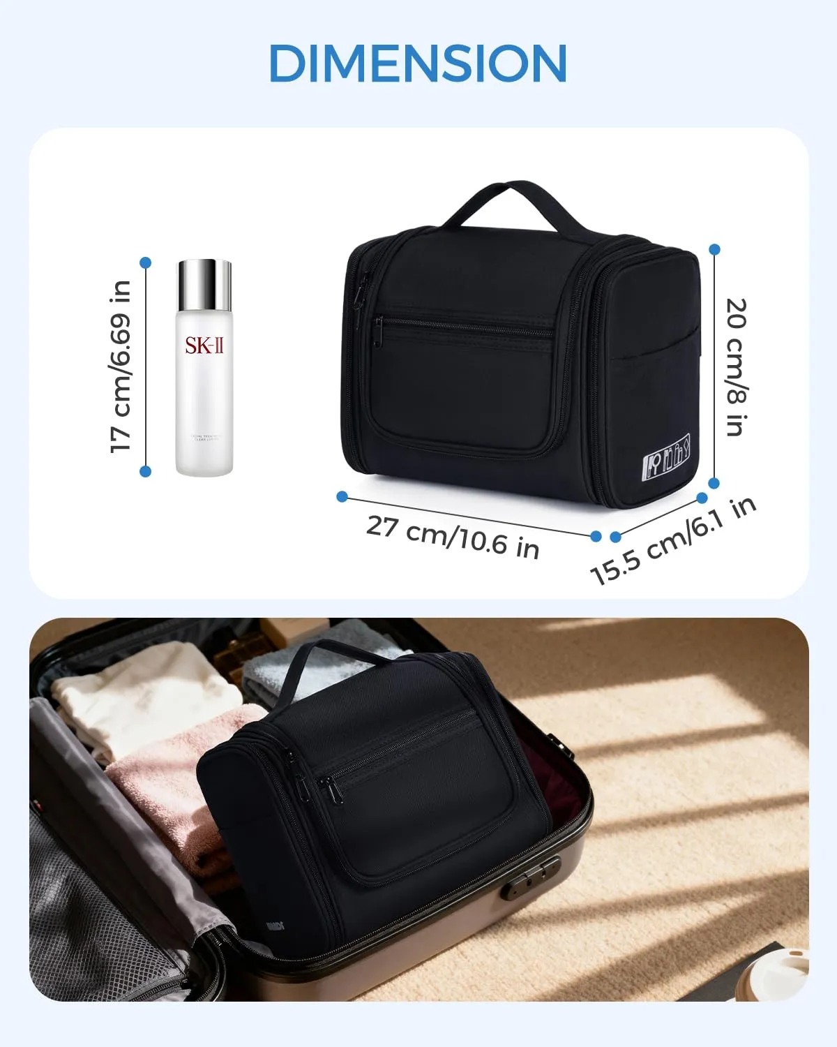 WANDF Borsa da Toilette da Viaggio Appendere Resistente all'Acqua, Denim Nero - immagine 7