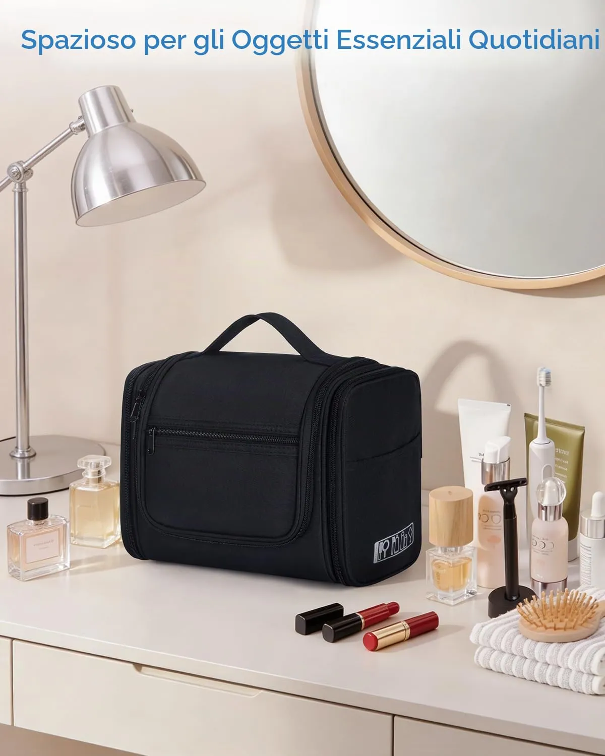 WANDF Borsa da Toilette da Viaggio Appendere Resistente all'Acqua, Denim Nero - immagine 8