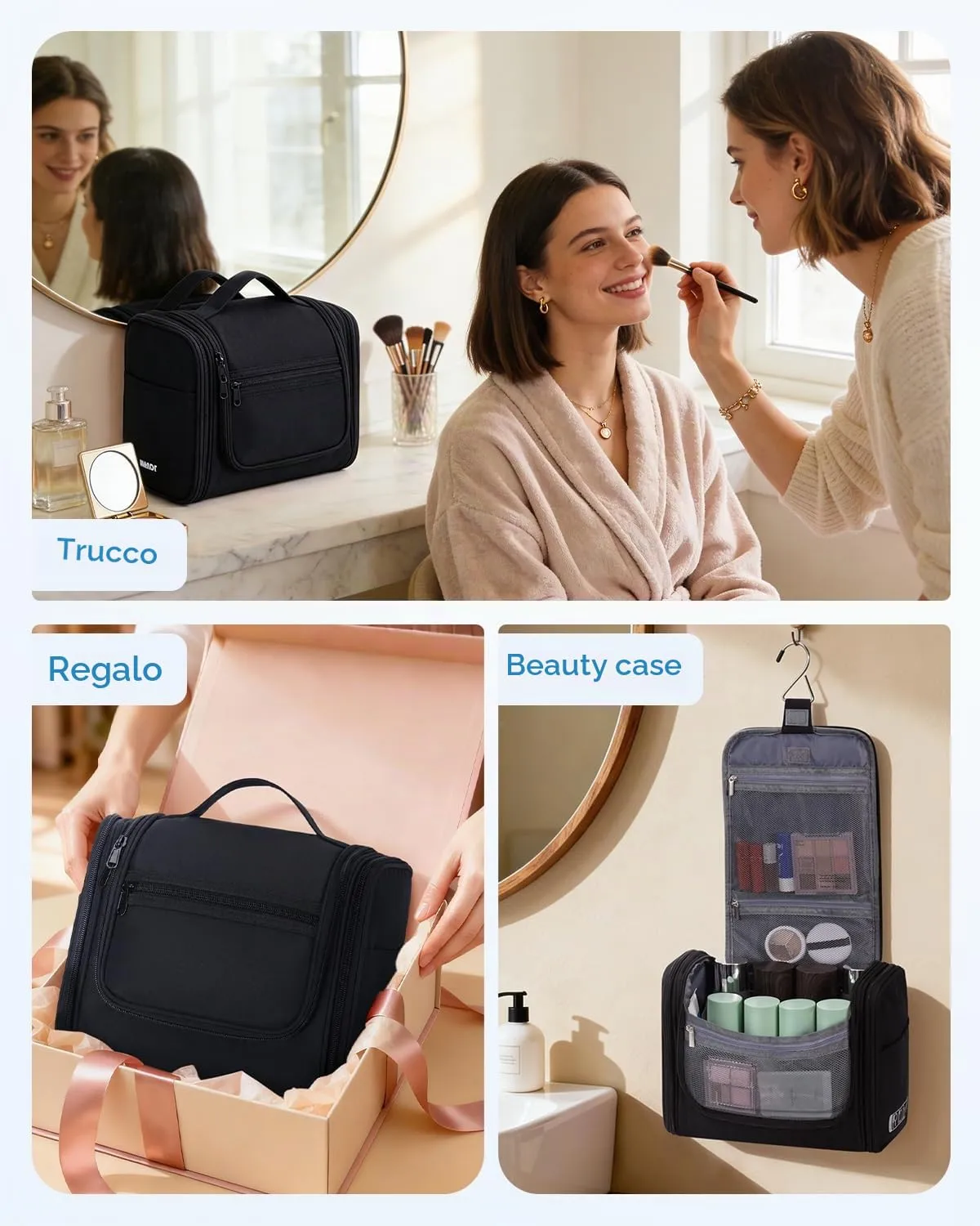 WANDF Borsa da Toilette da Viaggio Appendere Resistente all'Acqua, Denim Nero - immagine 9