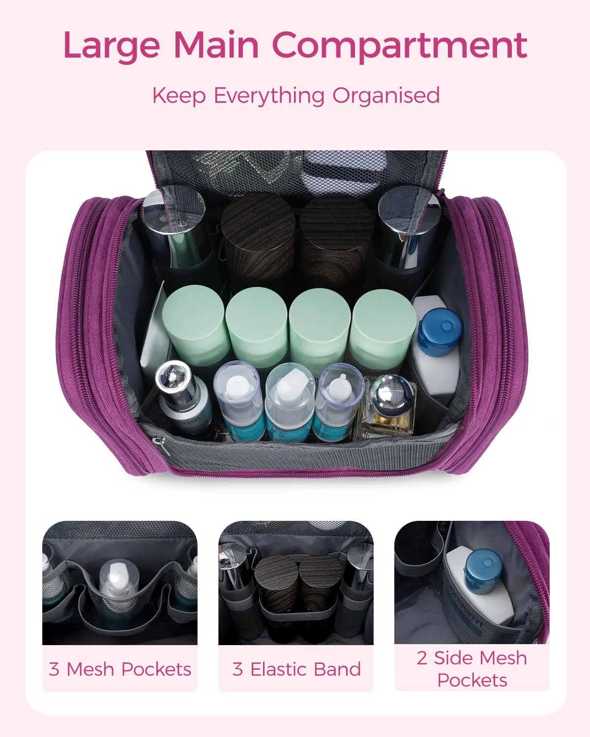 WANDF Borsa da Toilette da Viaggio Appendibile Resistente all'Acqua, Lilla - immagine 2