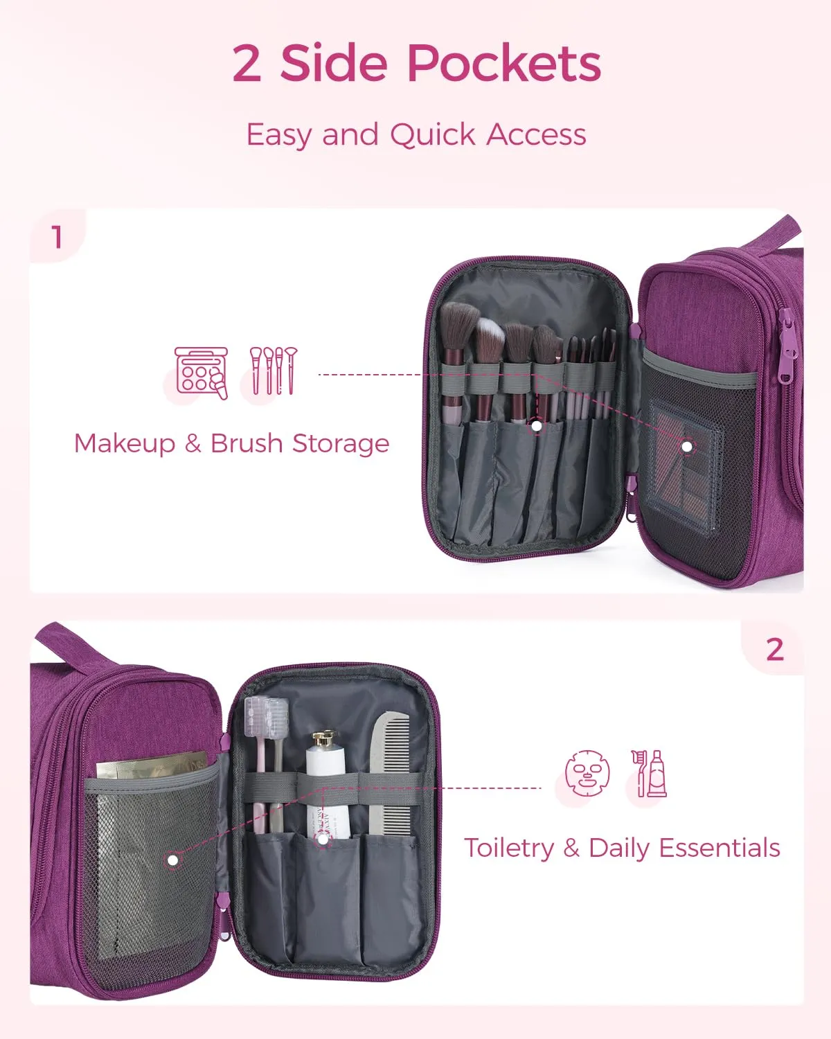 WANDF Borsa da Toilette da Viaggio Appendibile Resistente all'Acqua, Lilla - immagine 3