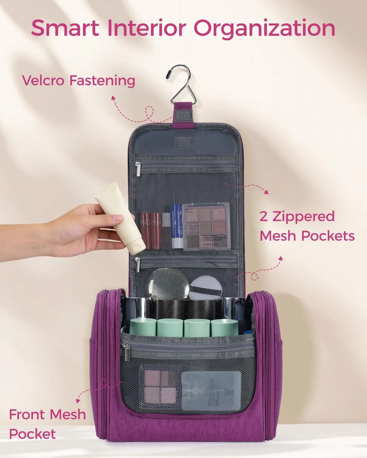 WANDF Borsa da Toilette da Viaggio Appendibile Resistente all'Acqua, Lilla - immagine 4