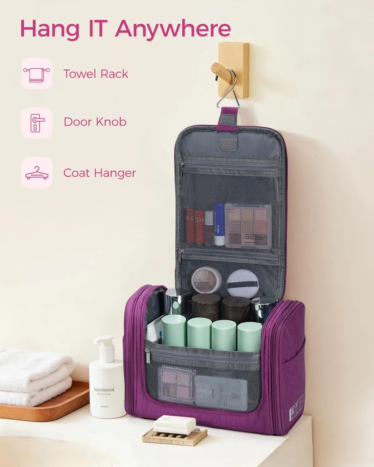 WANDF Borsa da Toilette da Viaggio Appendibile Resistente all'Acqua, Lilla - immagine 5