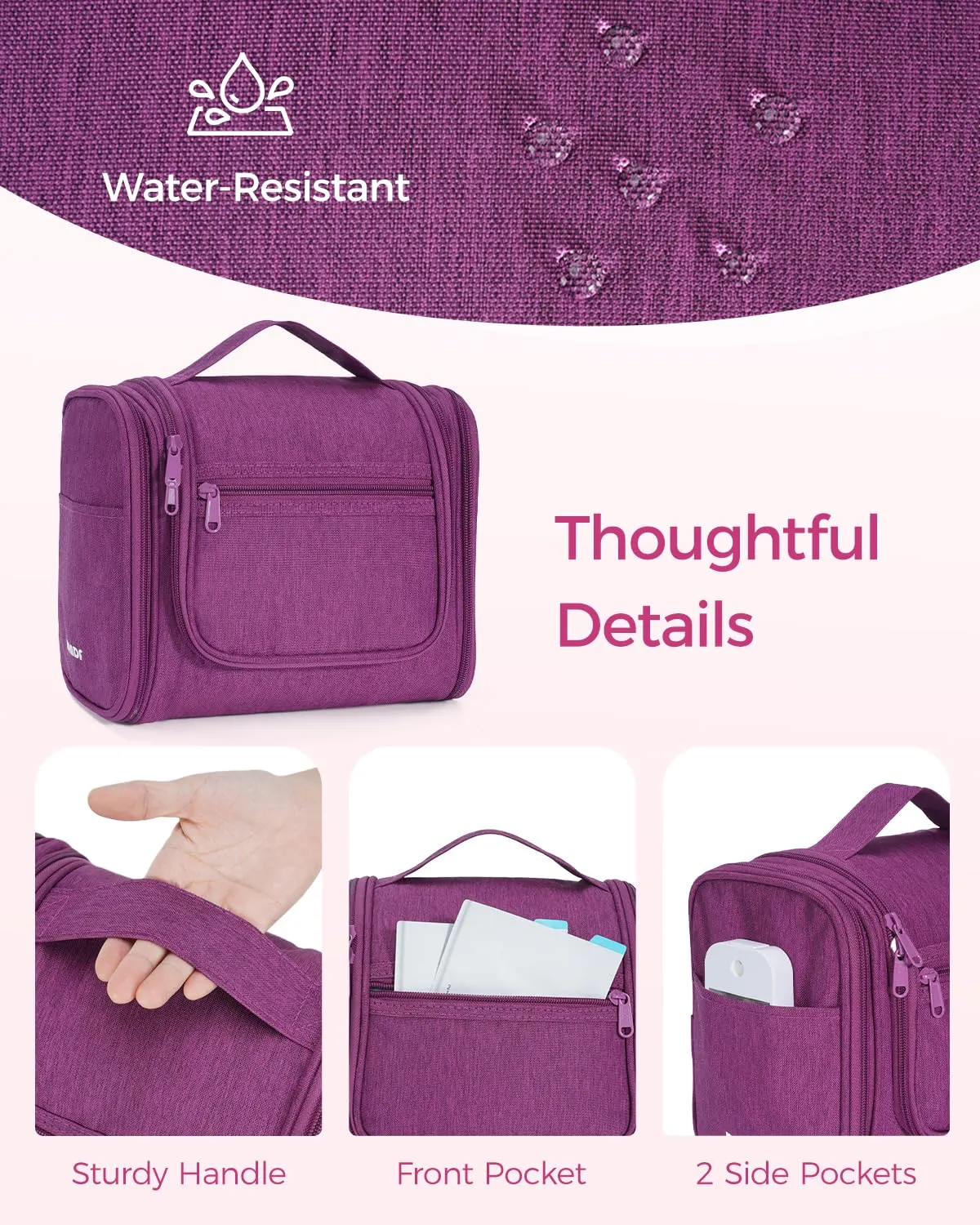 WANDF Borsa da Toilette da Viaggio Appendibile Resistente all'Acqua, Lilla - immagine 6
