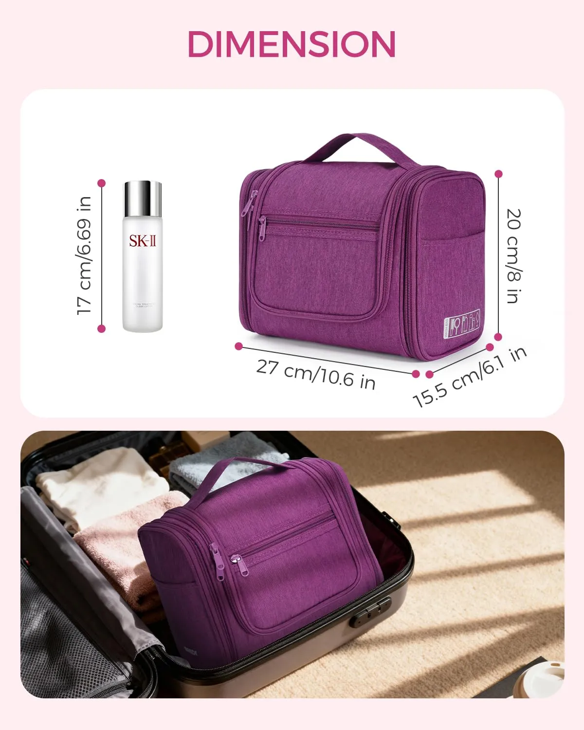 WANDF Borsa da Toilette da Viaggio Appendibile Resistente all'Acqua, Lilla - immagine 7