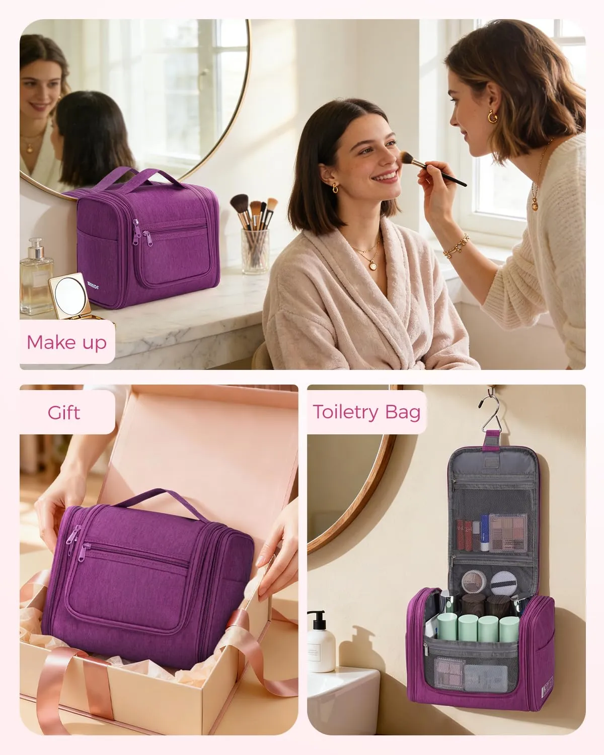 WANDF Borsa da Toilette da Viaggio Appendibile Resistente all'Acqua, Lilla - immagine 8