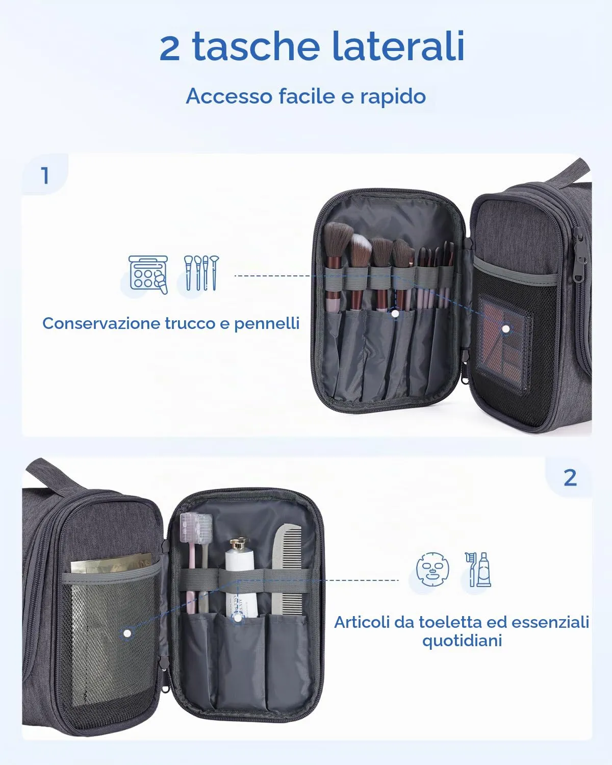 WANDF Borsa da Toilette da Viaggio Appendere Resistente all'Acqua, Grigio - immagine 3
