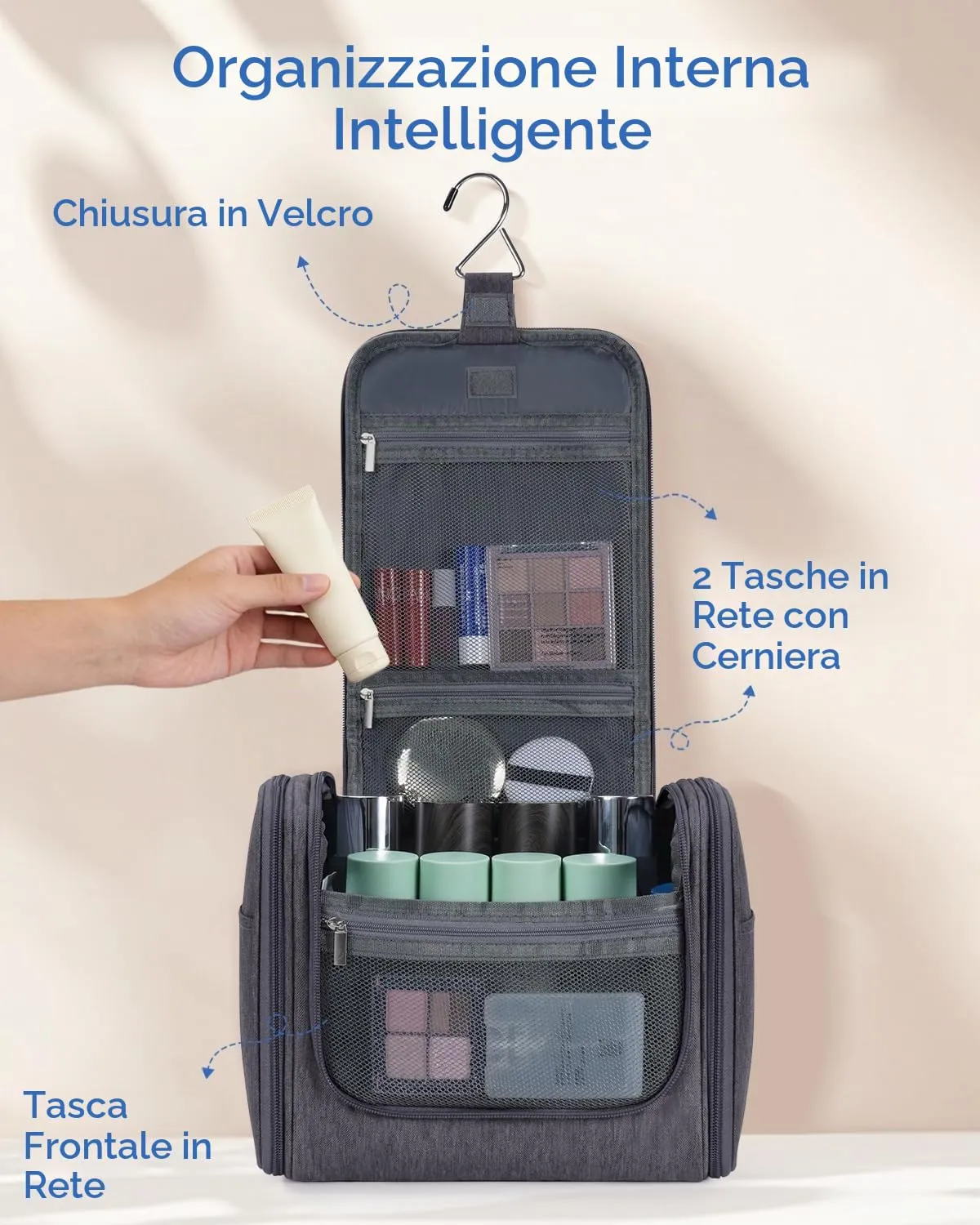 WANDF Borsa da Toilette da Viaggio Appendere Resistente all'Acqua, Grigio - immagine 5