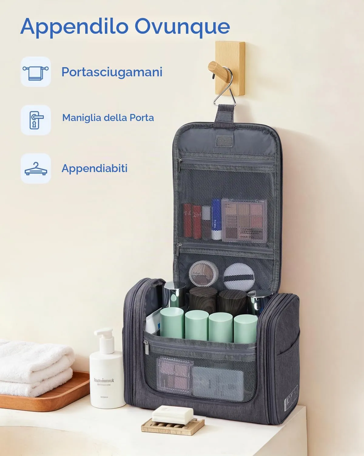 WANDF Borsa da Toilette da Viaggio Appendere Resistente all'Acqua, Grigio - immagine 6