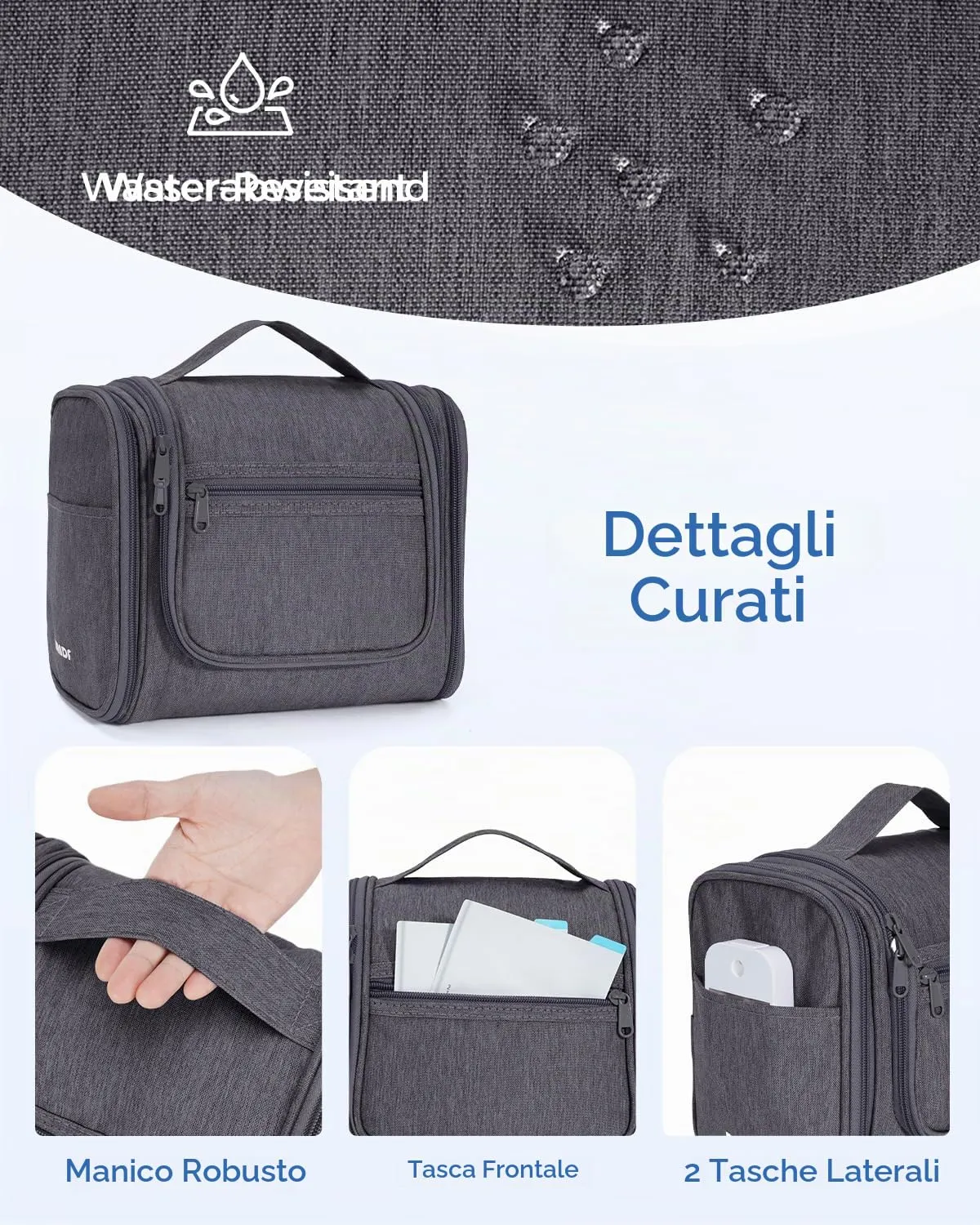 WANDF Borsa da Toilette da Viaggio Appendere Resistente all'Acqua, Grigio - immagine 7