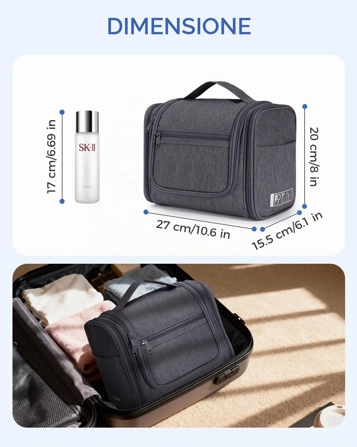 WANDF Borsa da Toilette da Viaggio Appendere Resistente all'Acqua, Grigio - immagine 8