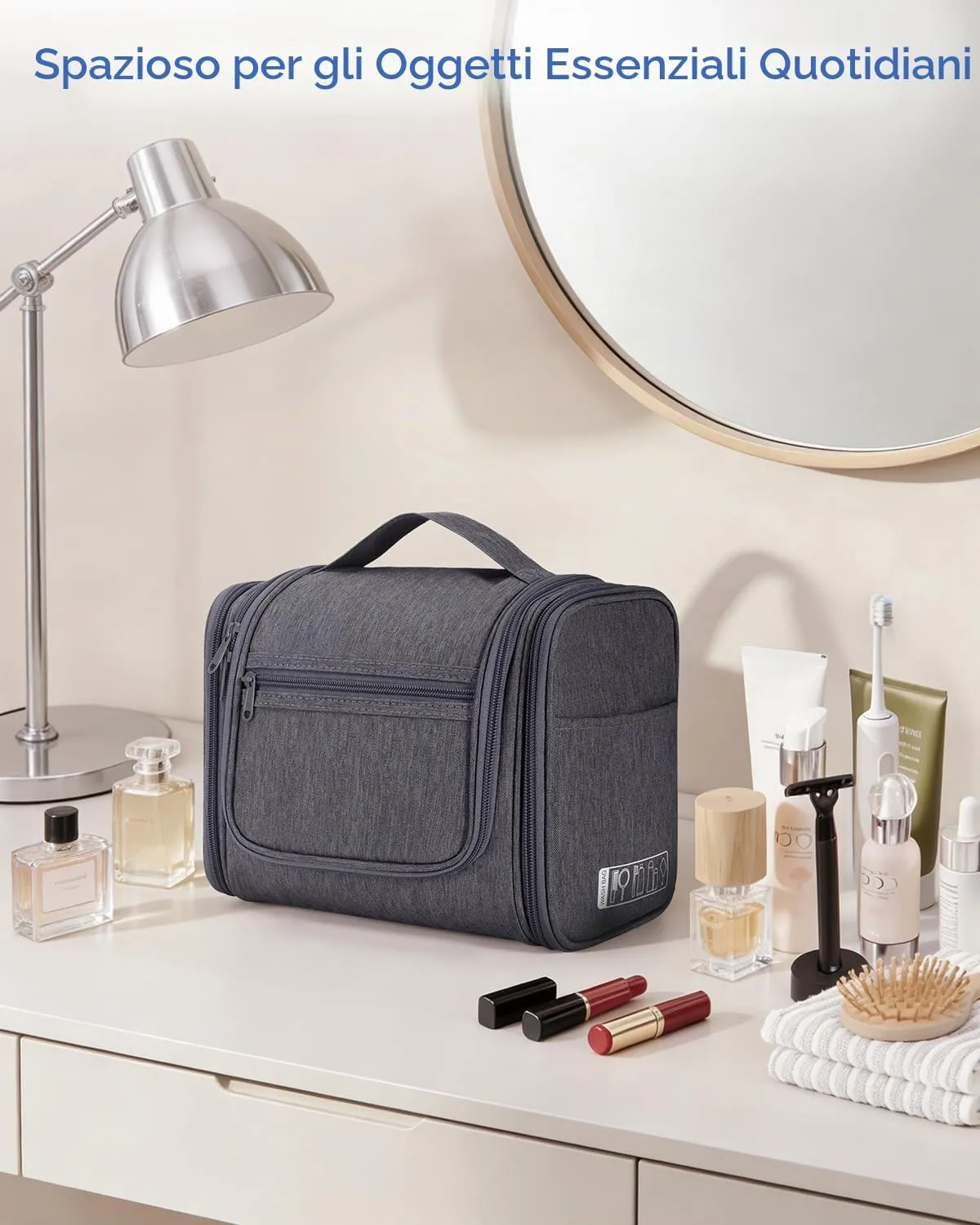 WANDF Borsa da Toilette da Viaggio Appendere Resistente all'Acqua, Grigio - immagine 9
