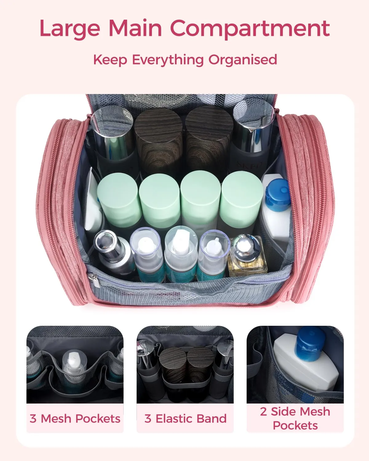 WANDF Borsa da Toilette Appendente Resistente all'Acqua per Cosmetici e Accessori da Viaggio, Rosa Scuro - immagine 2