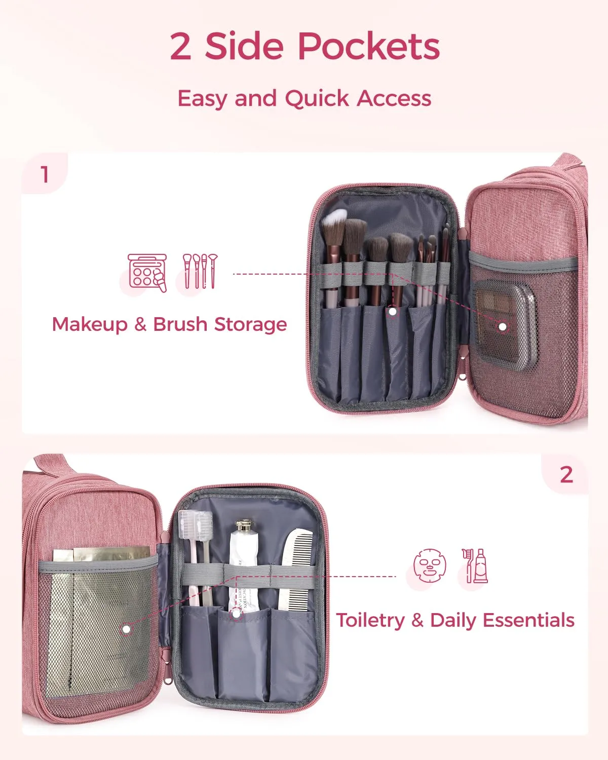 WANDF Borsa da Toilette Appendente Resistente all'Acqua per Cosmetici e Accessori da Viaggio, Rosa Scuro - immagine 3