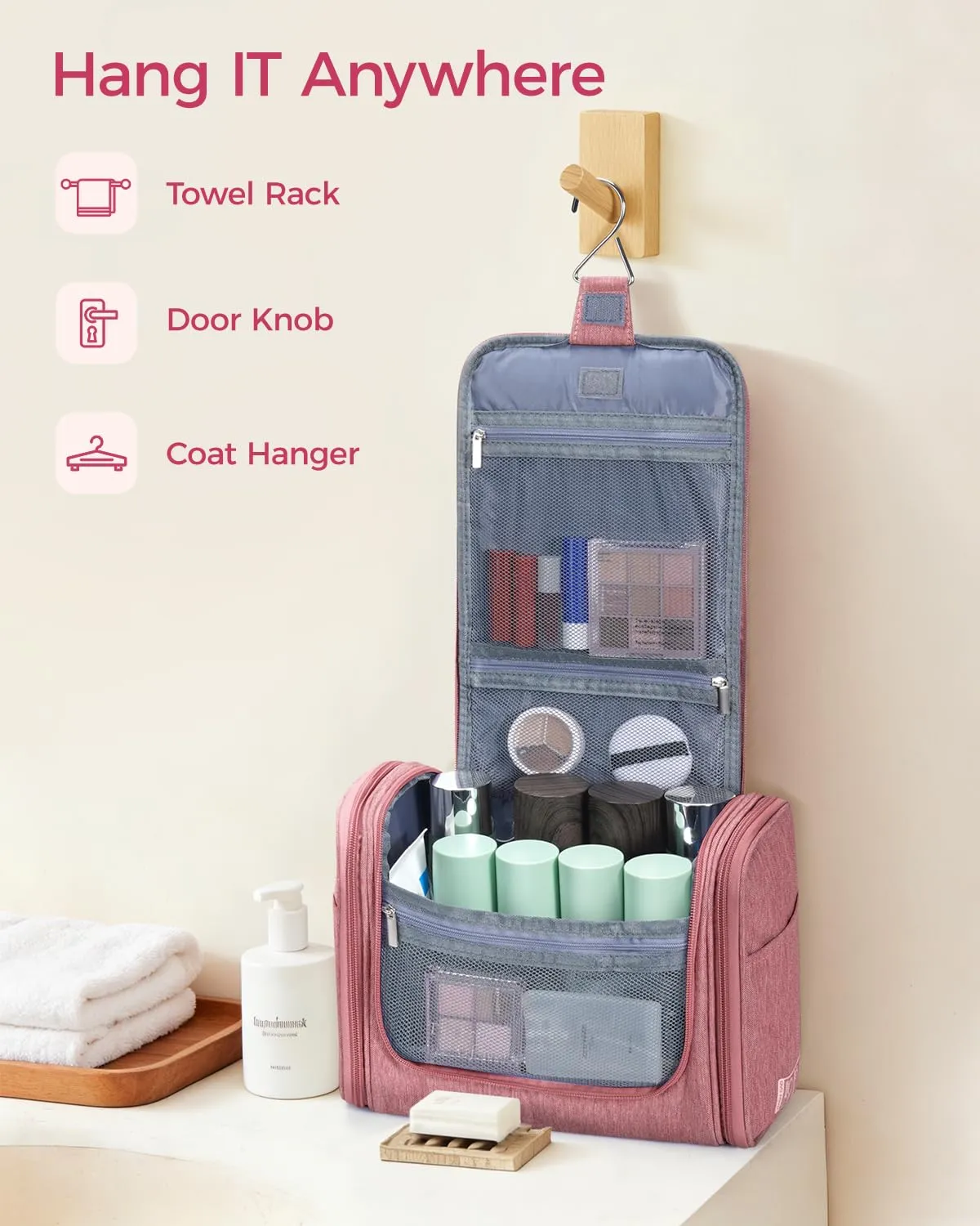 WANDF Borsa da Toilette Appendente Resistente all'Acqua per Cosmetici e Accessori da Viaggio, Rosa Scuro - immagine 5