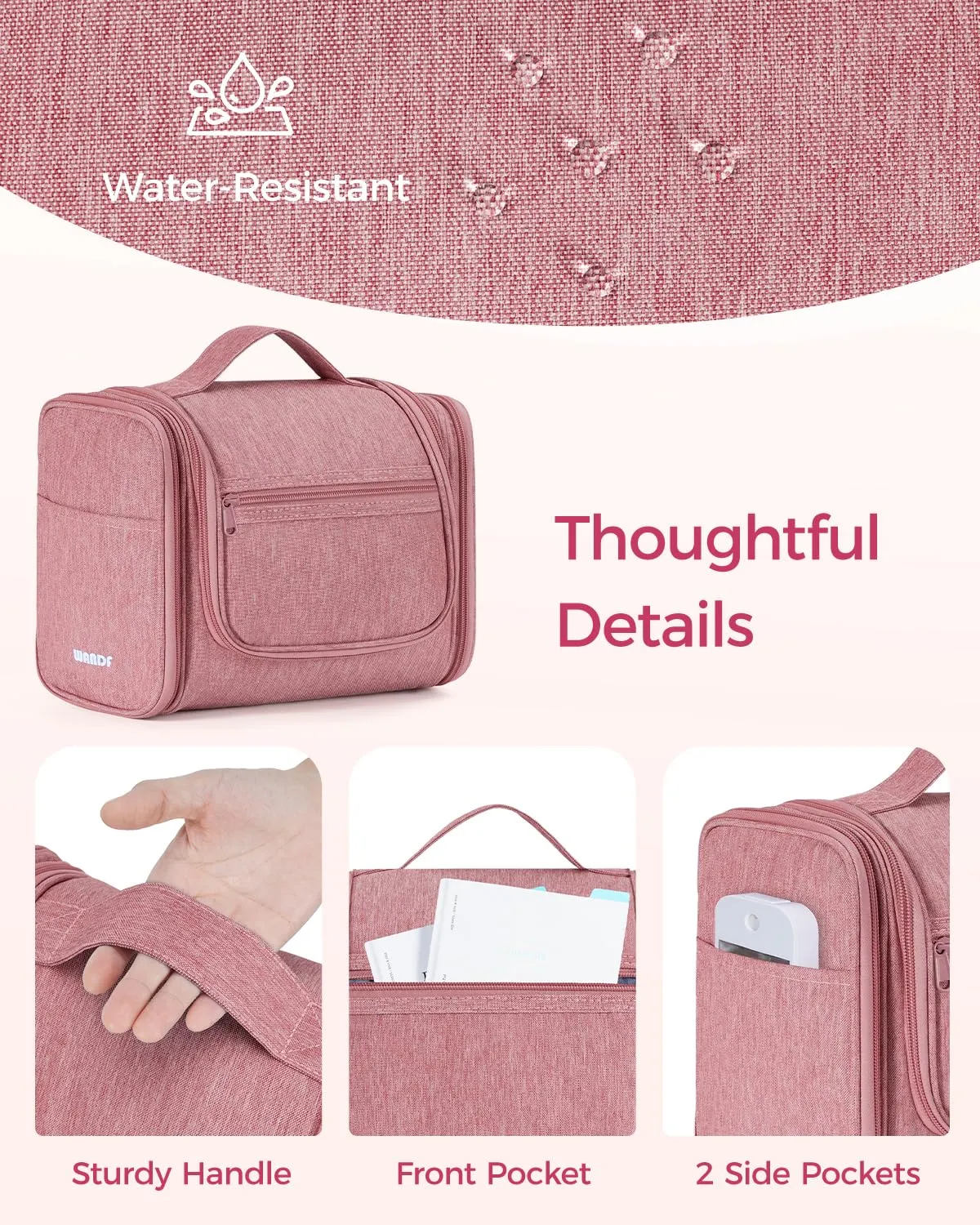 WANDF Borsa da Toilette Appendente Resistente all'Acqua per Cosmetici e Accessori da Viaggio, Rosa Scuro - immagine 6