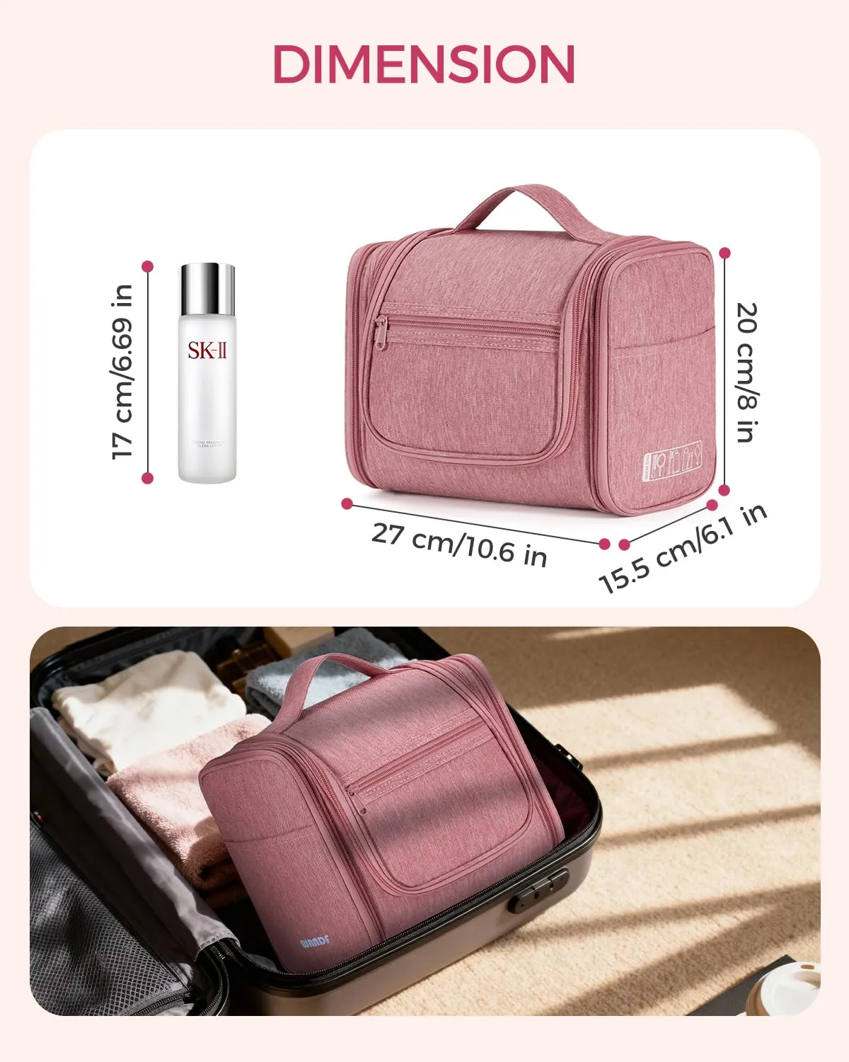 WANDF Borsa da Toilette Appendente Resistente all'Acqua per Cosmetici e Accessori da Viaggio, Rosa Scuro - immagine 7