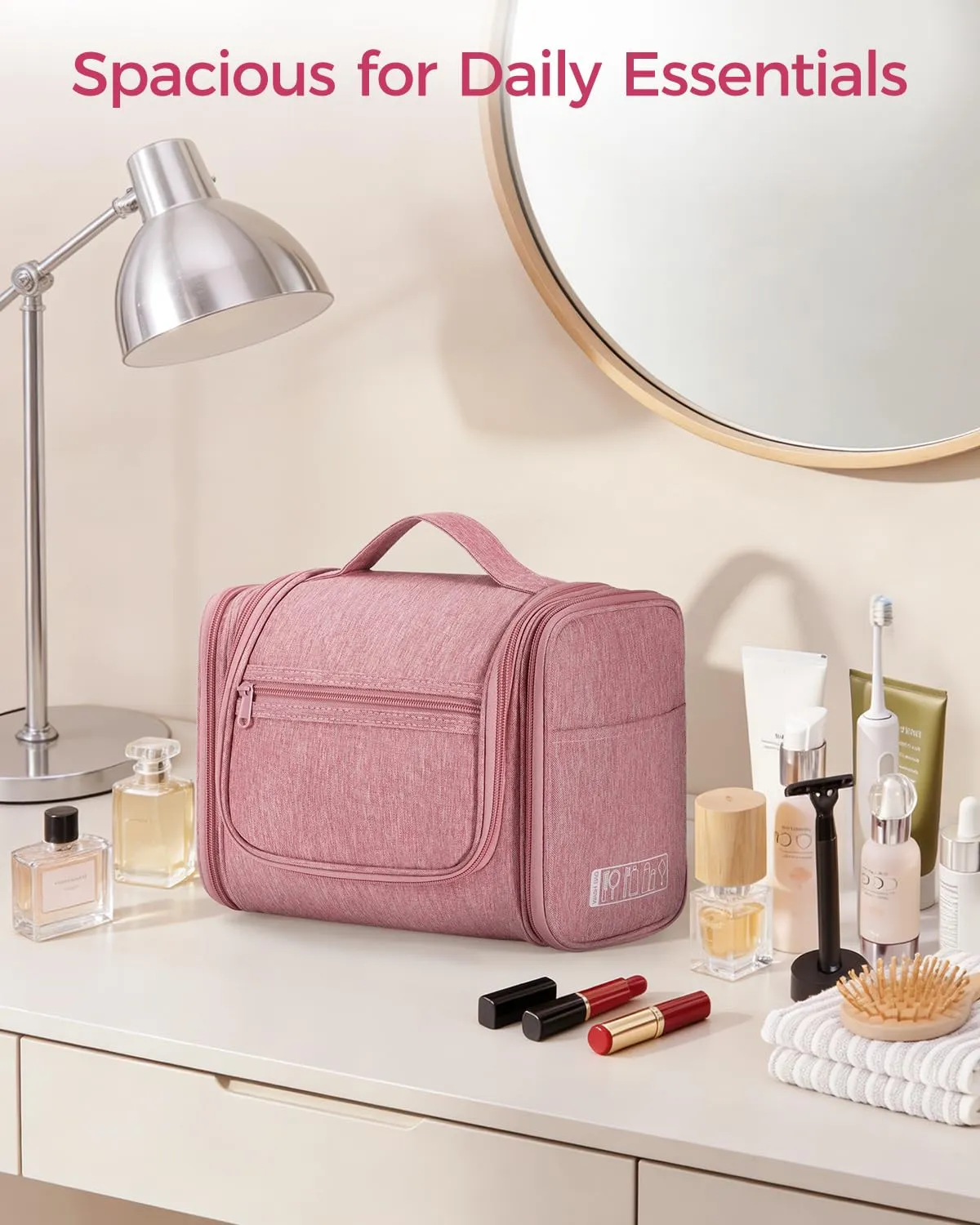 WANDF Borsa da Toilette Appendente Resistente all'Acqua per Cosmetici e Accessori da Viaggio, Rosa Scuro - immagine 8