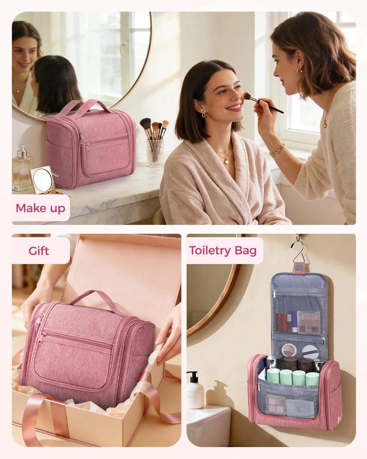 WANDF Borsa da Toilette Appendente Resistente all'Acqua per Cosmetici e Accessori da Viaggio, Rosa Scuro - immagine 9