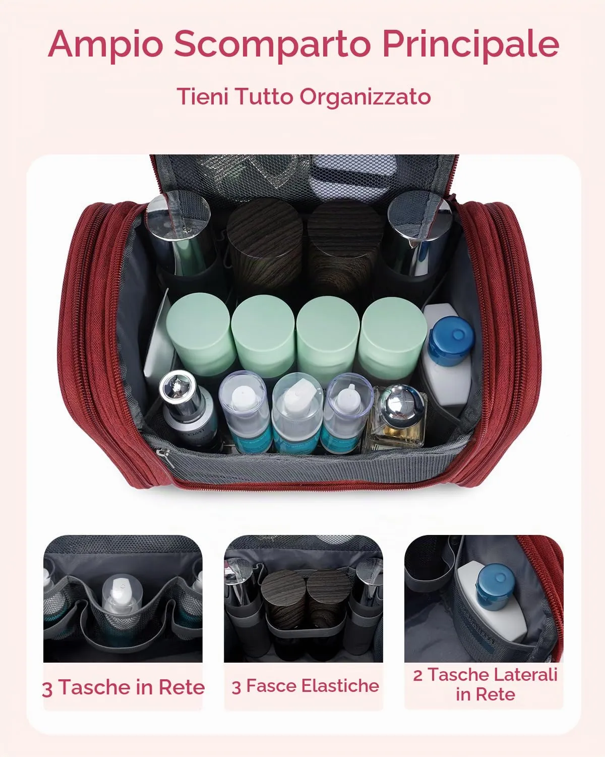WANDF Borsa da toilette appendere per cosmetici e accessori da viaggio, resistente all'acqua (Rosso) - immagine 2