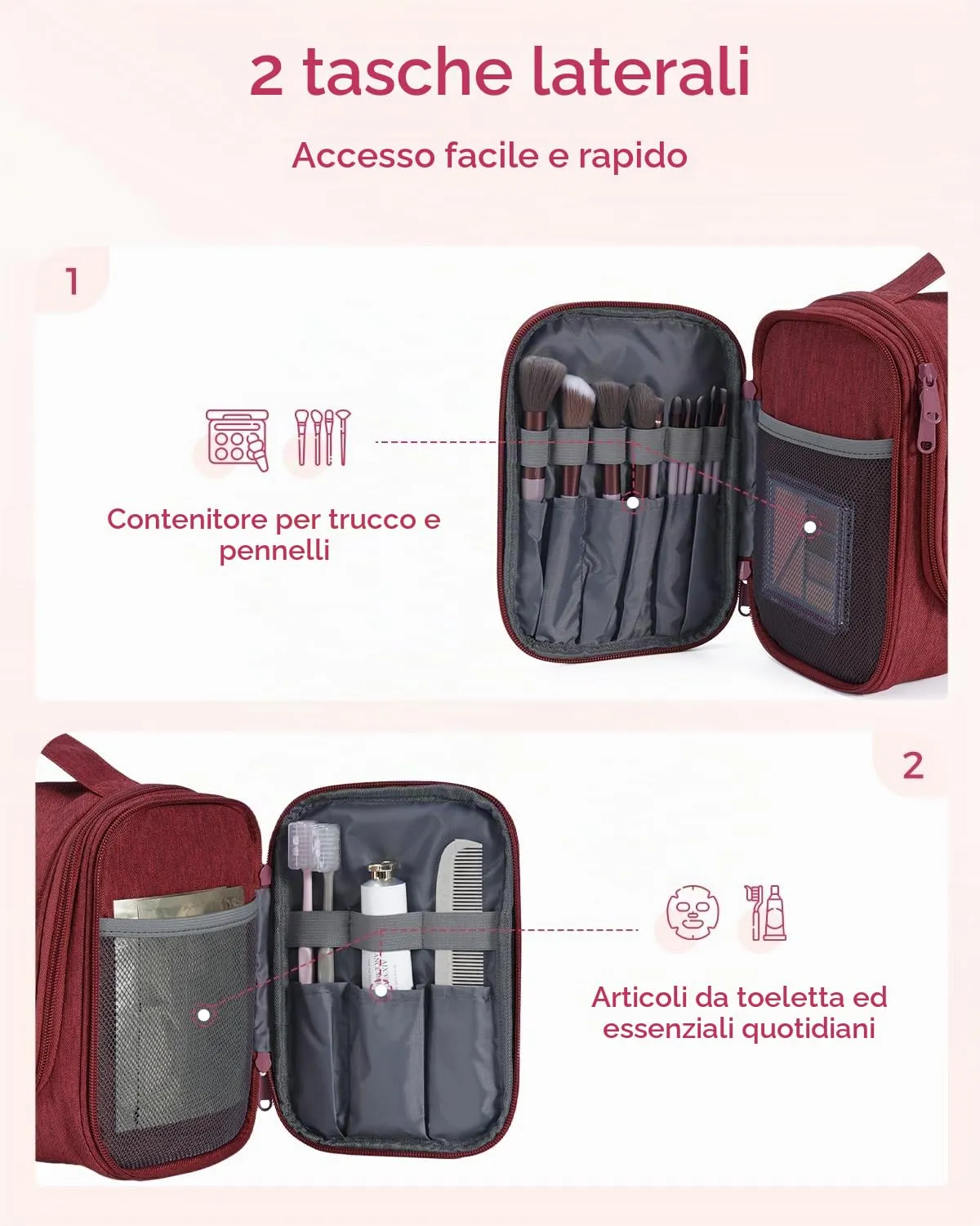 WANDF Borsa da toilette appendere per cosmetici e accessori da viaggio, resistente all'acqua (Rosso) - immagine 3
