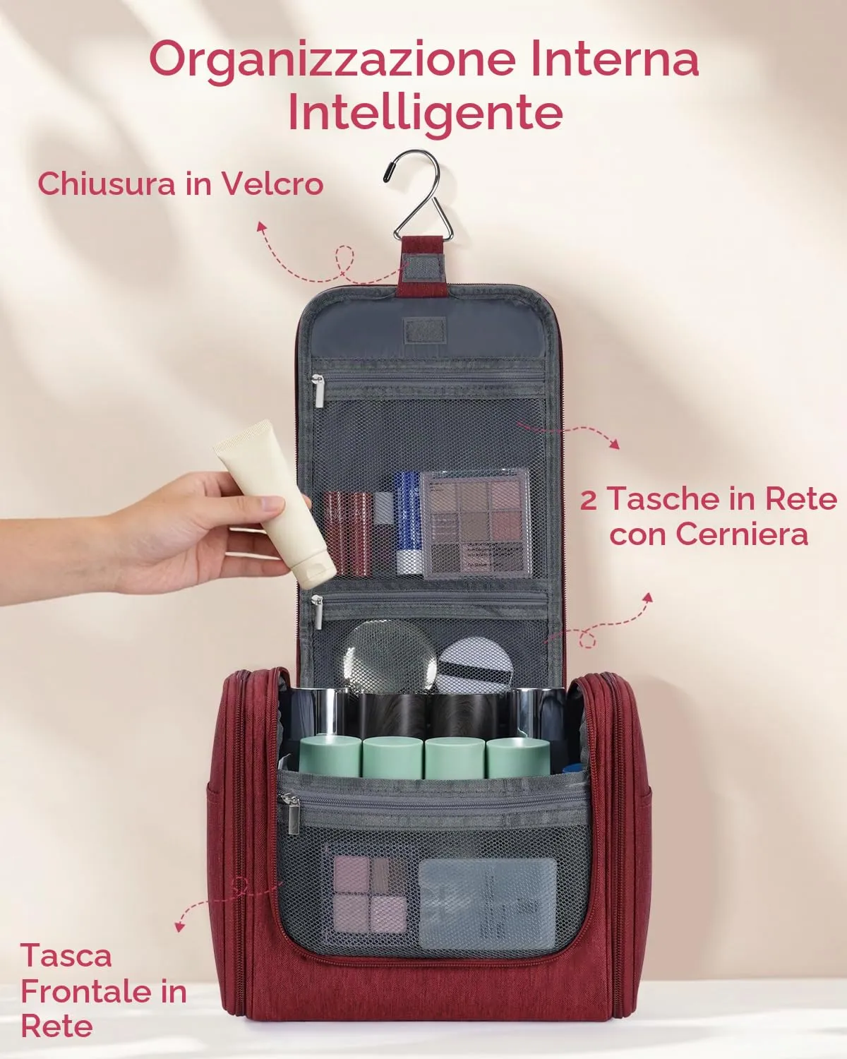 WANDF Borsa da toilette appendere per cosmetici e accessori da viaggio, resistente all'acqua (Rosso) - immagine 4