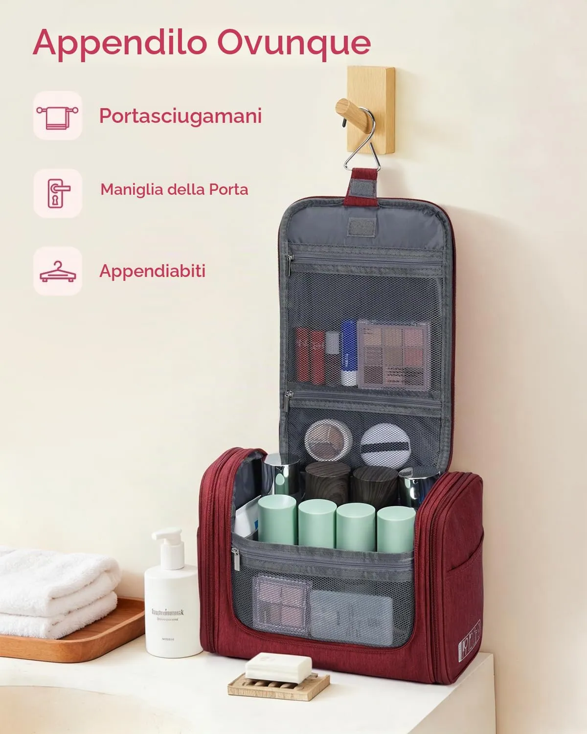WANDF Borsa da toilette appendere per cosmetici e accessori da viaggio, resistente all'acqua (Rosso) - immagine 5