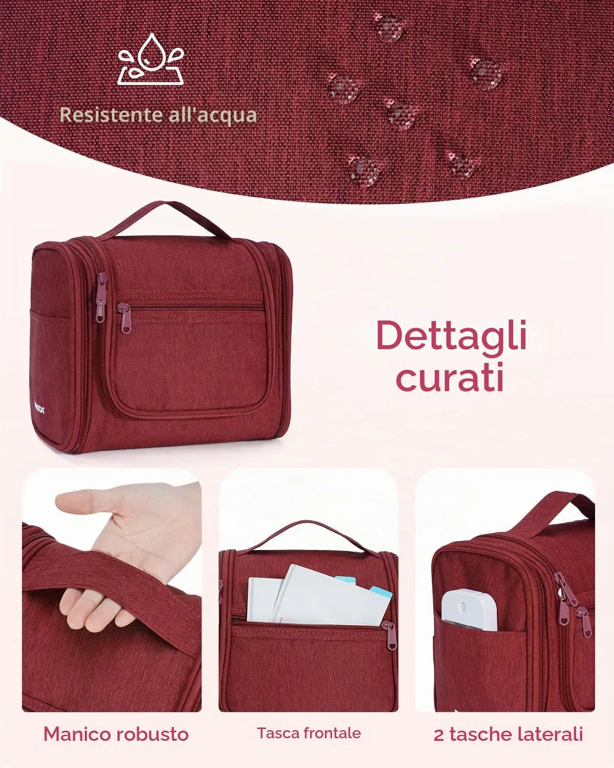 WANDF Borsa da toilette appendere per cosmetici e accessori da viaggio, resistente all'acqua (Rosso) - immagine 6