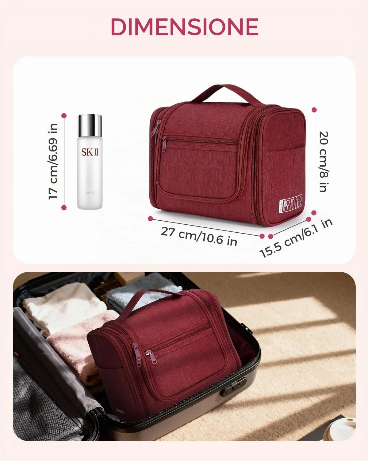 WANDF Borsa da toilette appendere per cosmetici e accessori da viaggio, resistente all'acqua (Rosso) - immagine 7