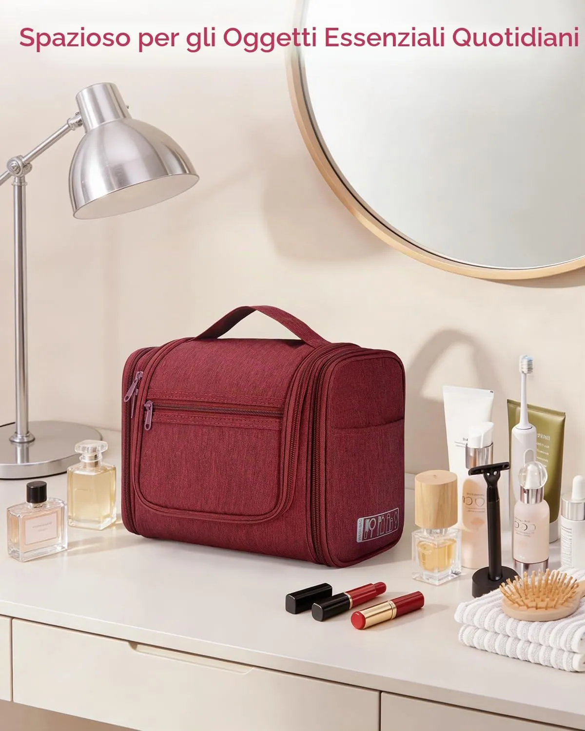 WANDF Borsa da toilette appendere per cosmetici e accessori da viaggio, resistente all'acqua (Rosso) - immagine 8